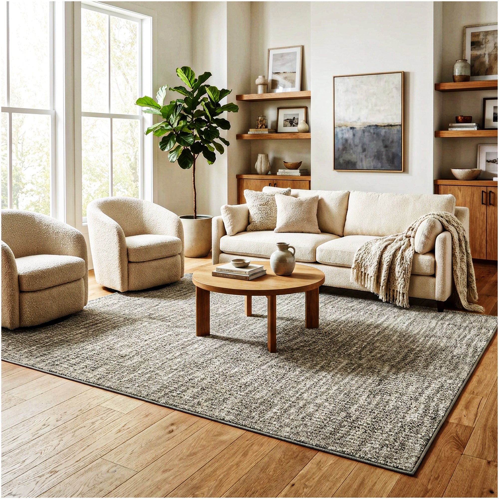 Best selling modern area rug in neutral tones styled in a bright living room with beige sofa and wooden furniture.