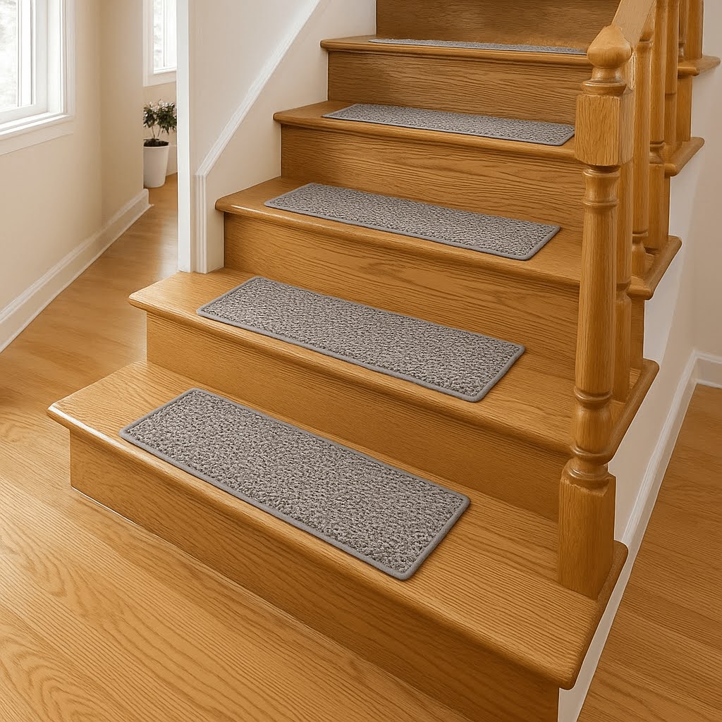 Non-slip carpet stair treads on wooden stairs for added safety and traction