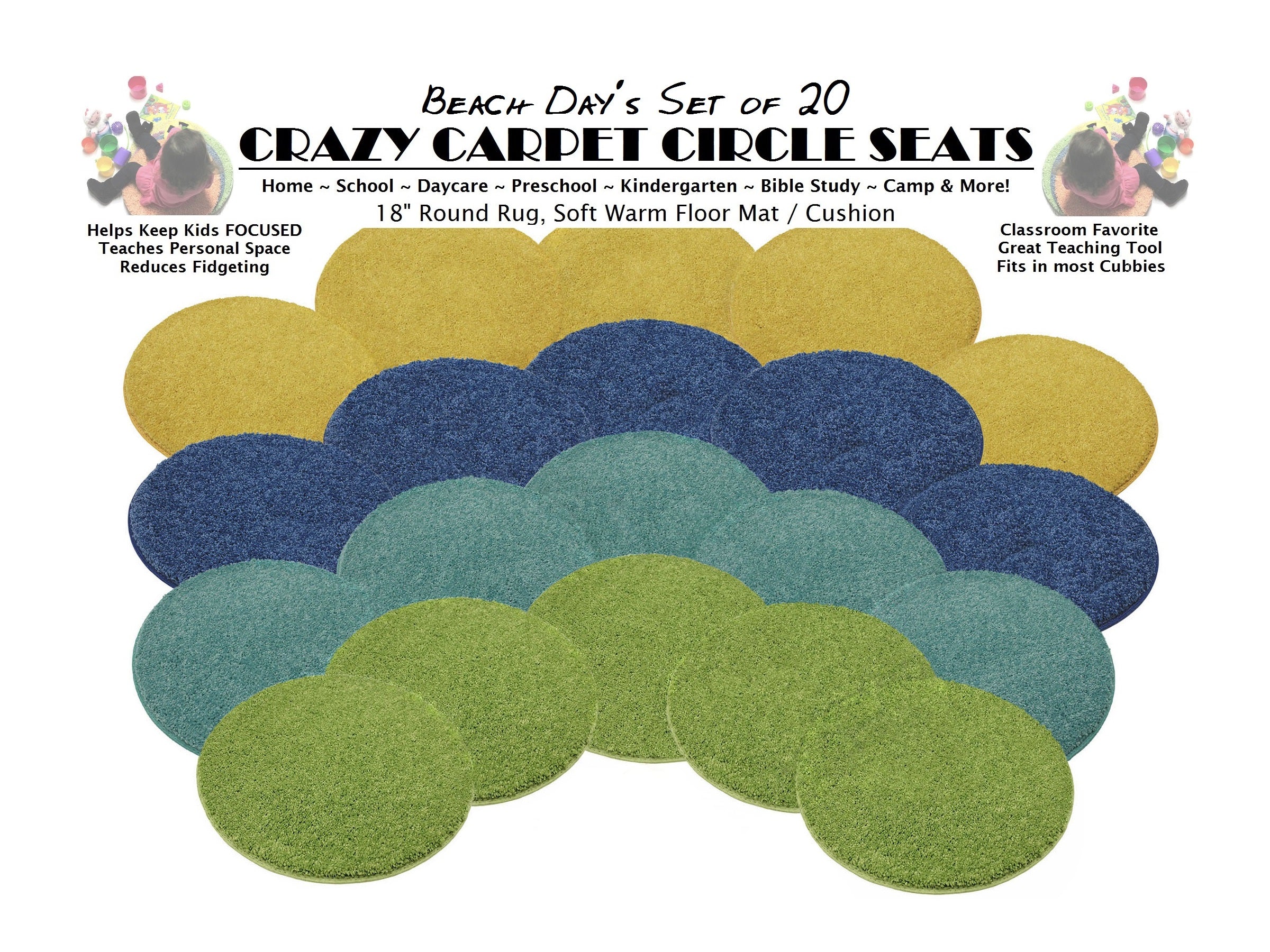 Children’s Carpet Circle Seats – Beach Day Collection Set of 20, 18” Round Soft Classroom Floor Cushions