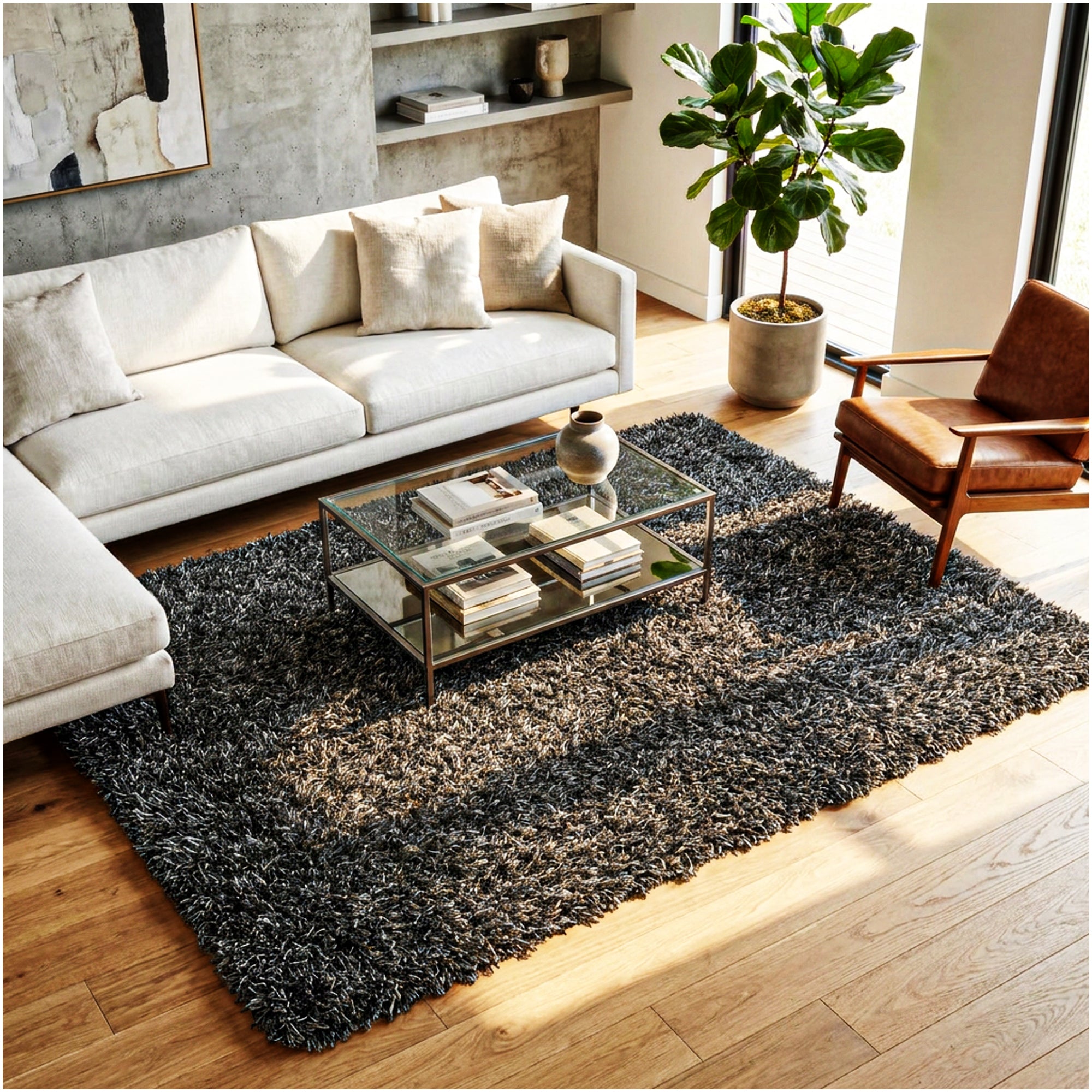 Black Marble Shag Area Rug | Ultra Soft Plush Rectangle Rug