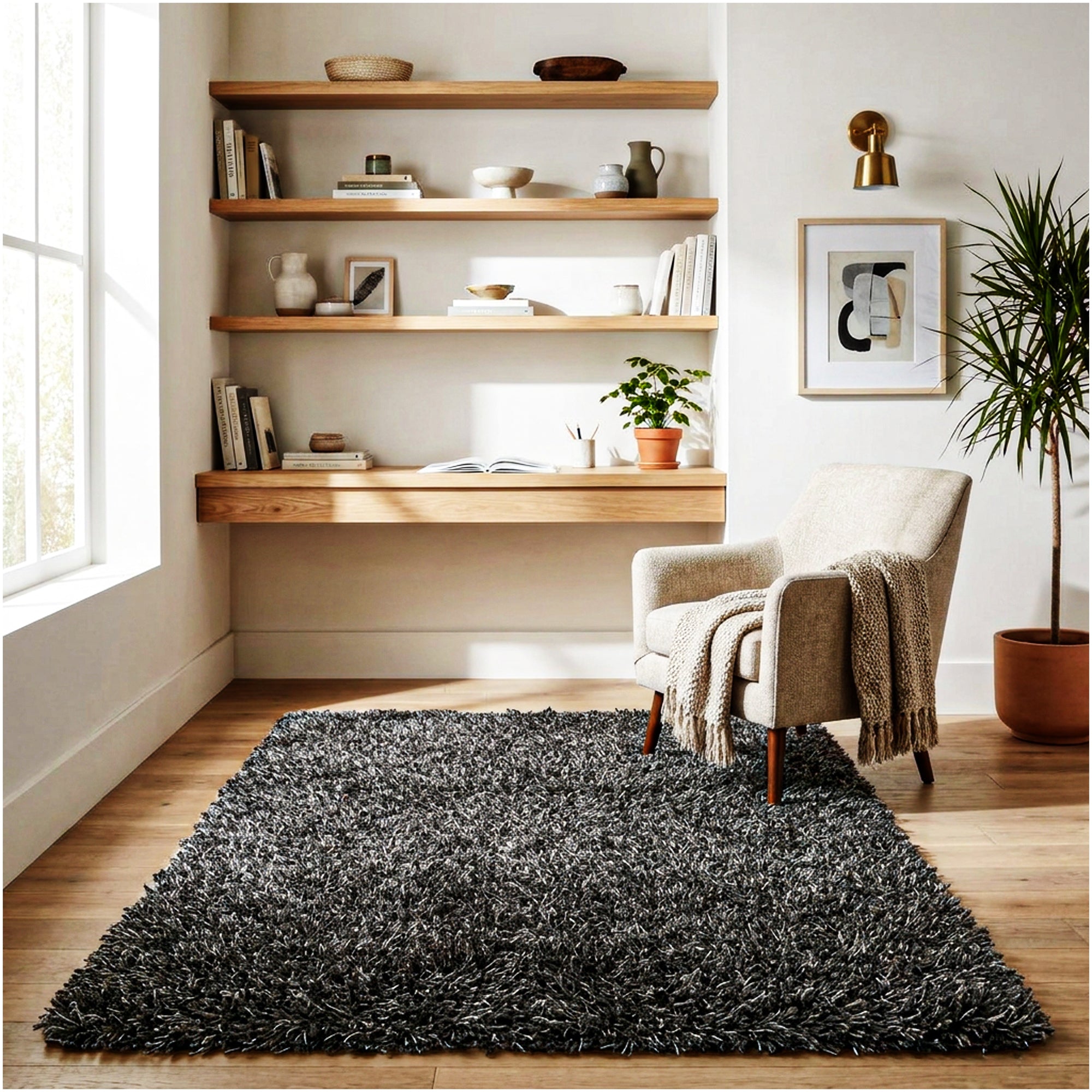 Black Marble Shag Area Rug | Ultra Soft Plush Rectangle Rug