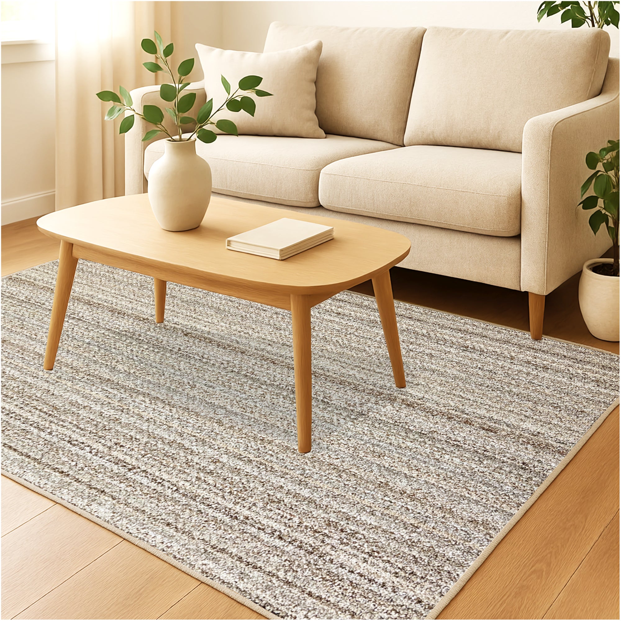 Boho Striped Beige Recycled Berber Loop Area Rug – Custom Size Indoor Carpet