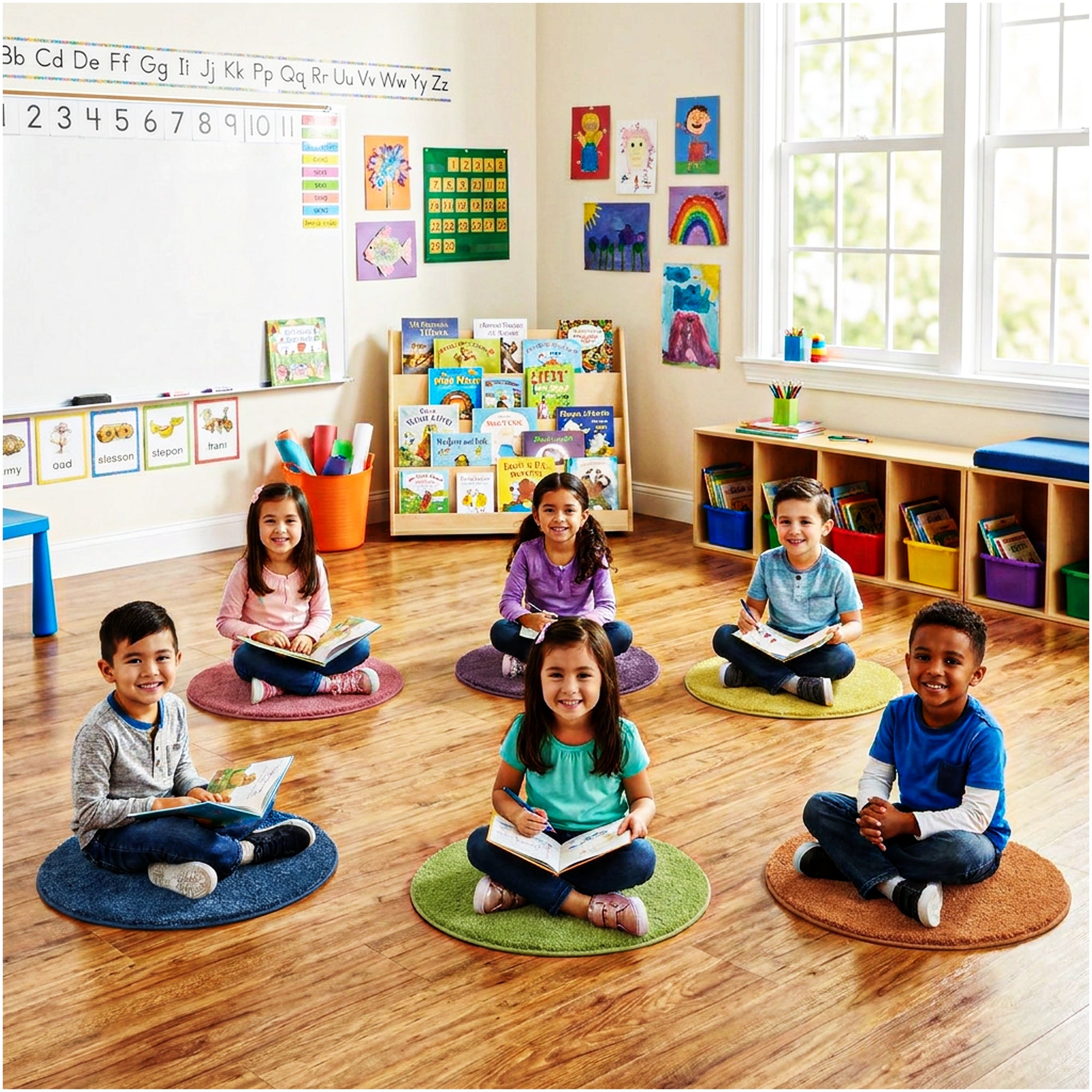Children’s Carpet Circle Seats – Bright Multi, 18” Round Classroom Floor Cushions