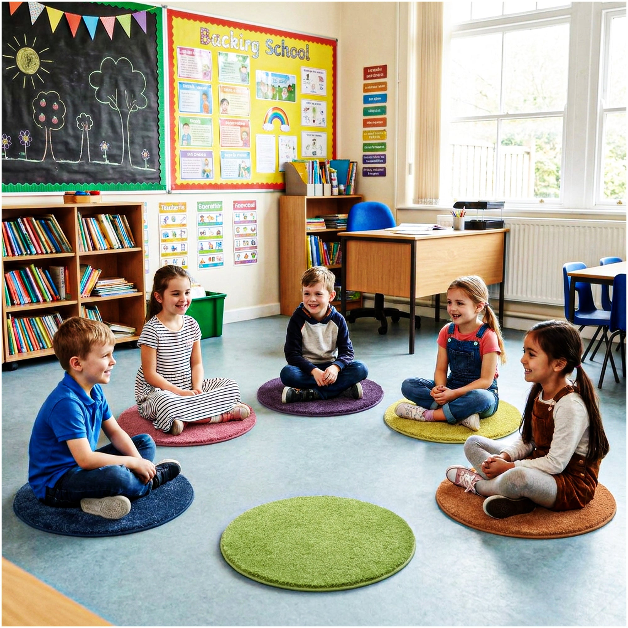 Children’s Carpet Circle Seats – Bright Multi, 18” Round Classroom Floor Cushions