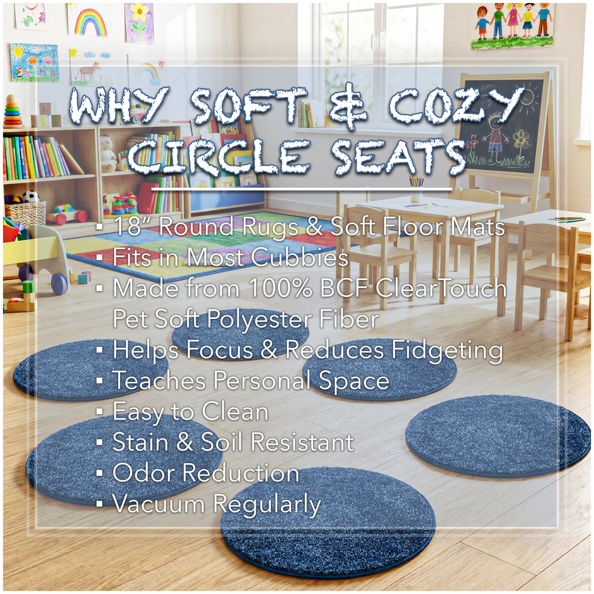 Children’s Classroom Carpet Circle Seats – Multiple Colors | 18” Round Soft Floor Cushions