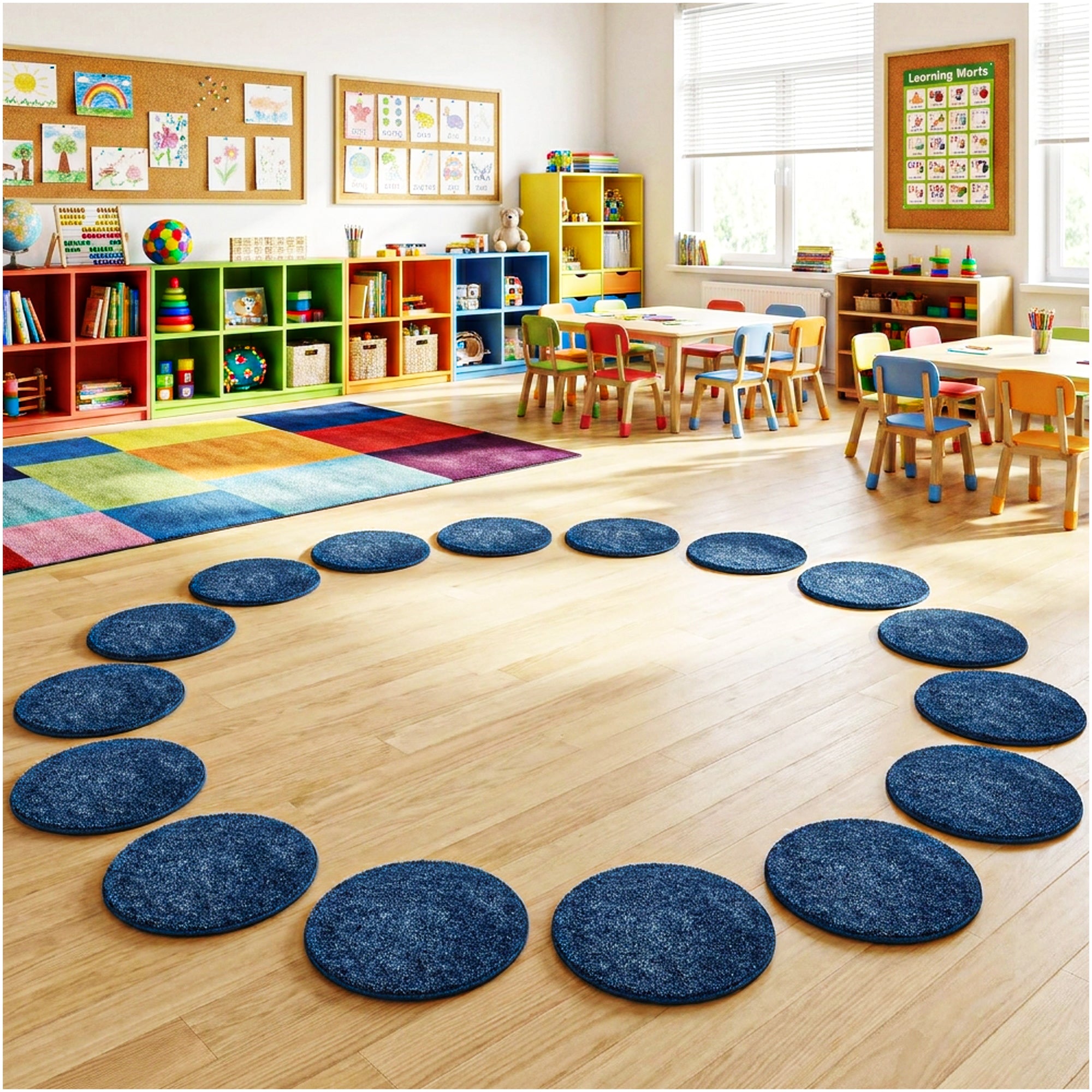 Children’s Classroom Carpet Circle Seats – Multiple Colors | 18” Round Soft Floor Cushions