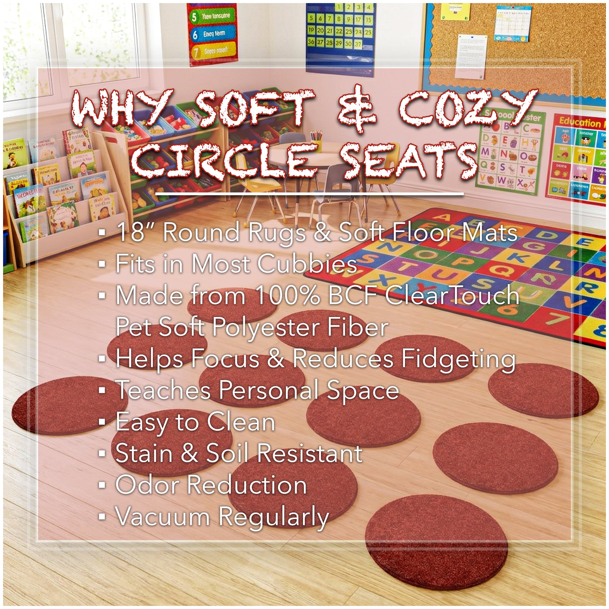 Children’s Classroom Carpet Circle Seats – Multiple Colors | 18” Round Soft Floor Cushions