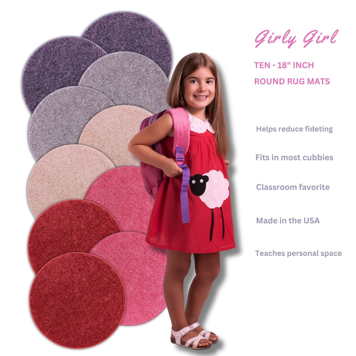 Children’s Carpet Circle Seats – Girly Girl, 18” Round Classroom Floor Cushions