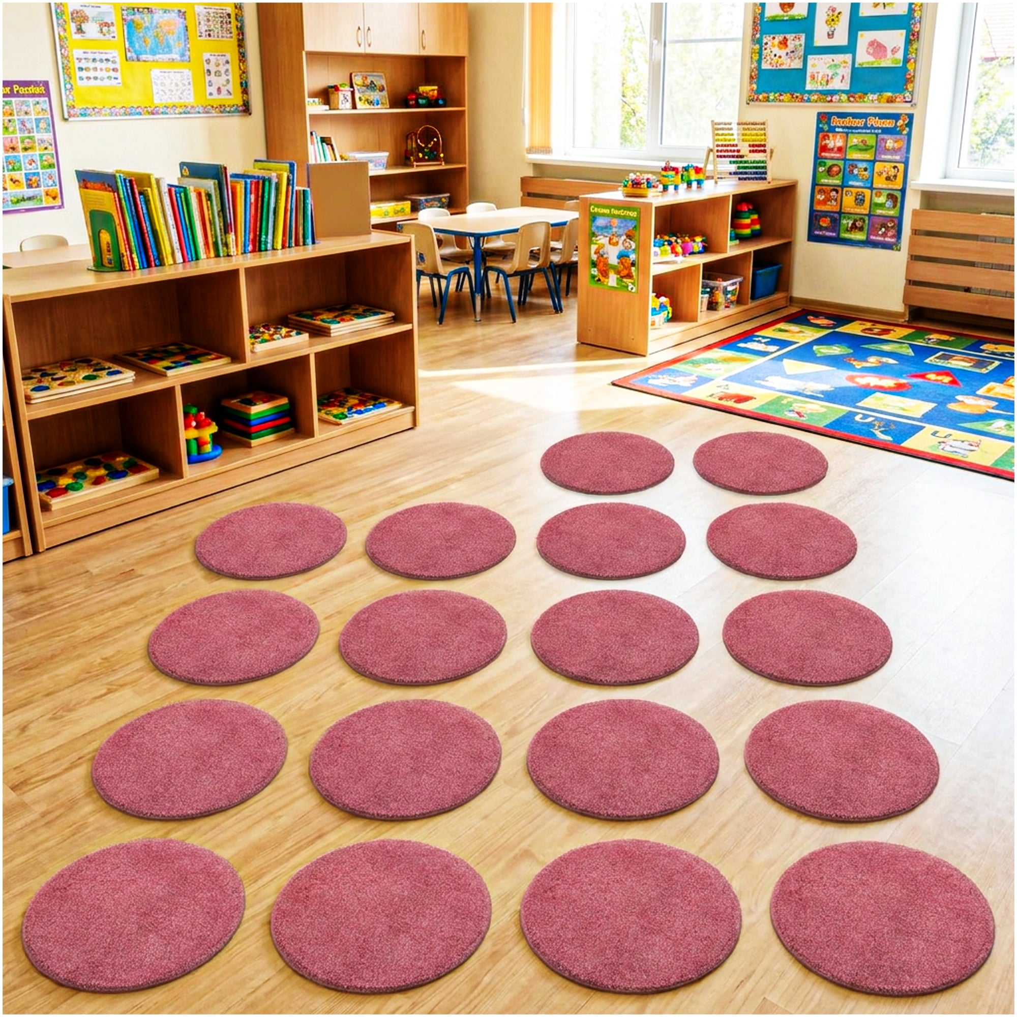 Children’s Classroom Carpet Circle Seats – Multiple Colors | 18” Round Soft Floor Cushions