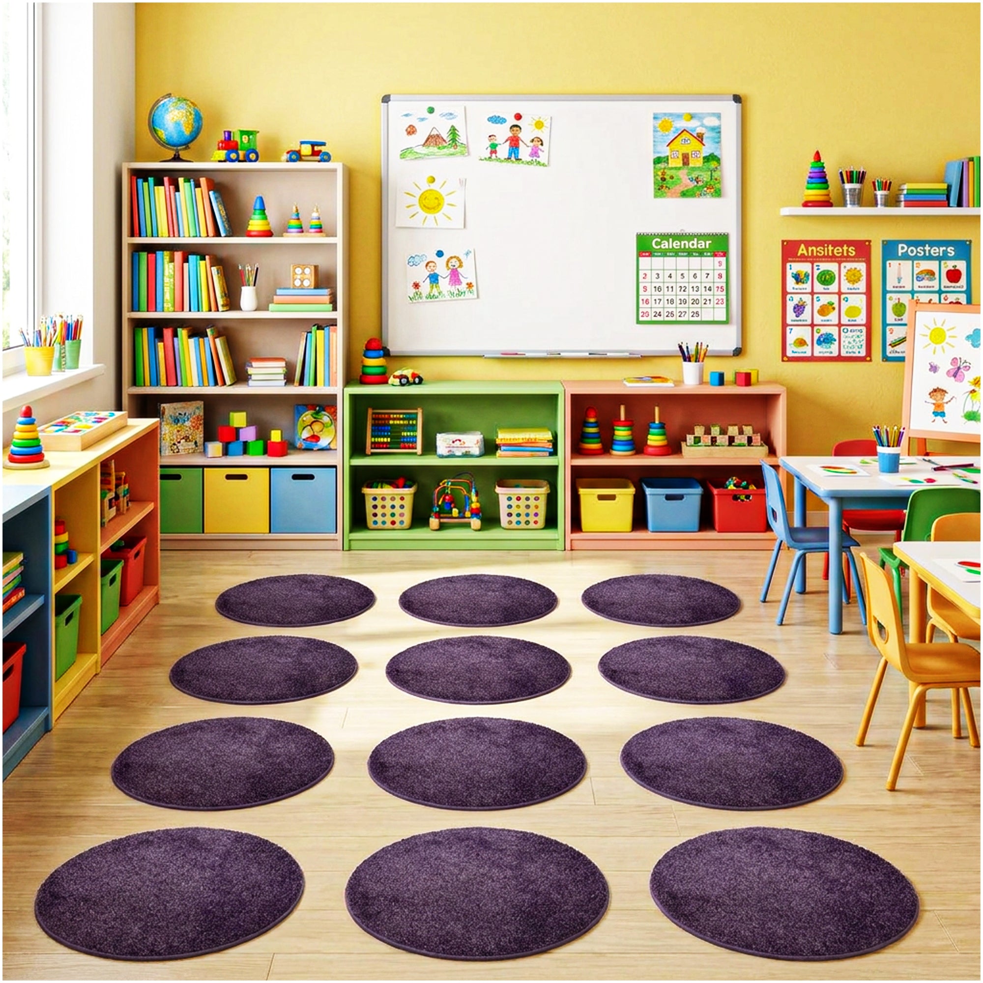 Children’s Classroom Carpet Circle Seats – Multiple Colors | 18” Round Soft Floor Cushions