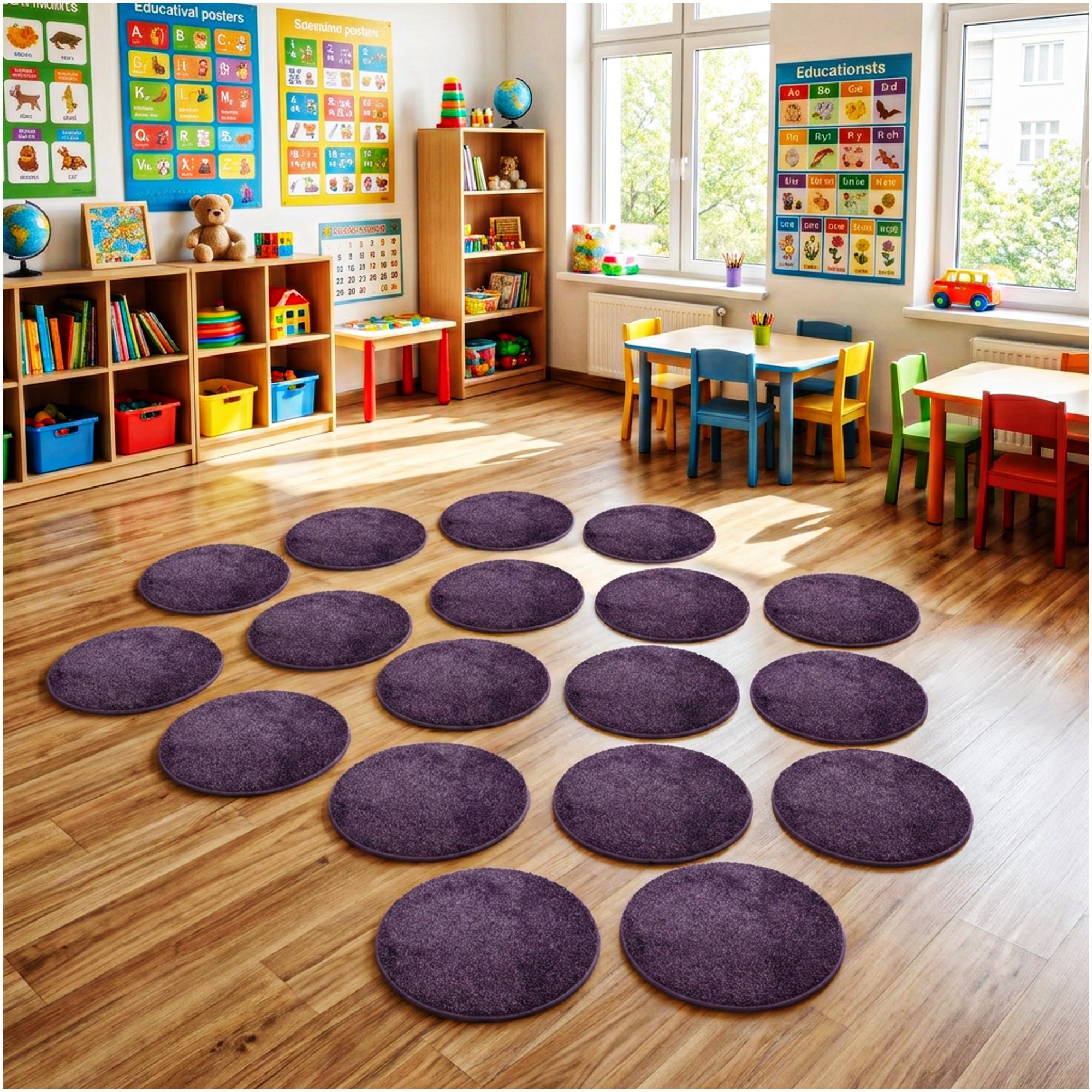 Children’s Classroom Carpet Circle Seats – Multiple Colors | 18” Round Soft Floor Cushions