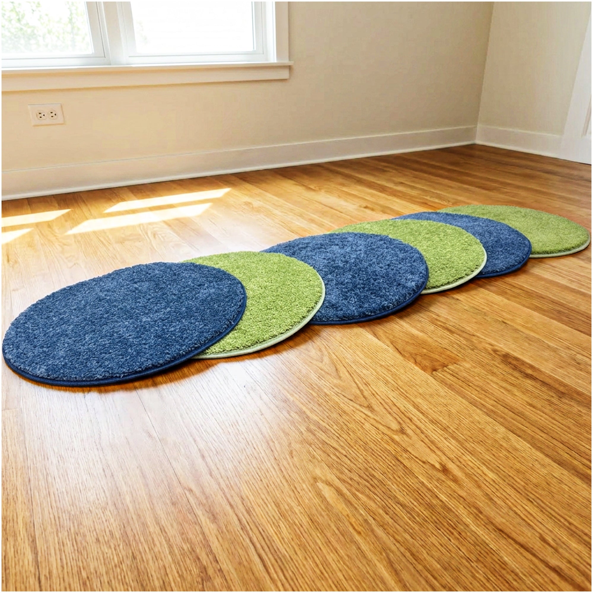 Children’s Classroom Carpet Circle Seats – Lime & Vibe Blue | 18” Round Soft Floor Cushions