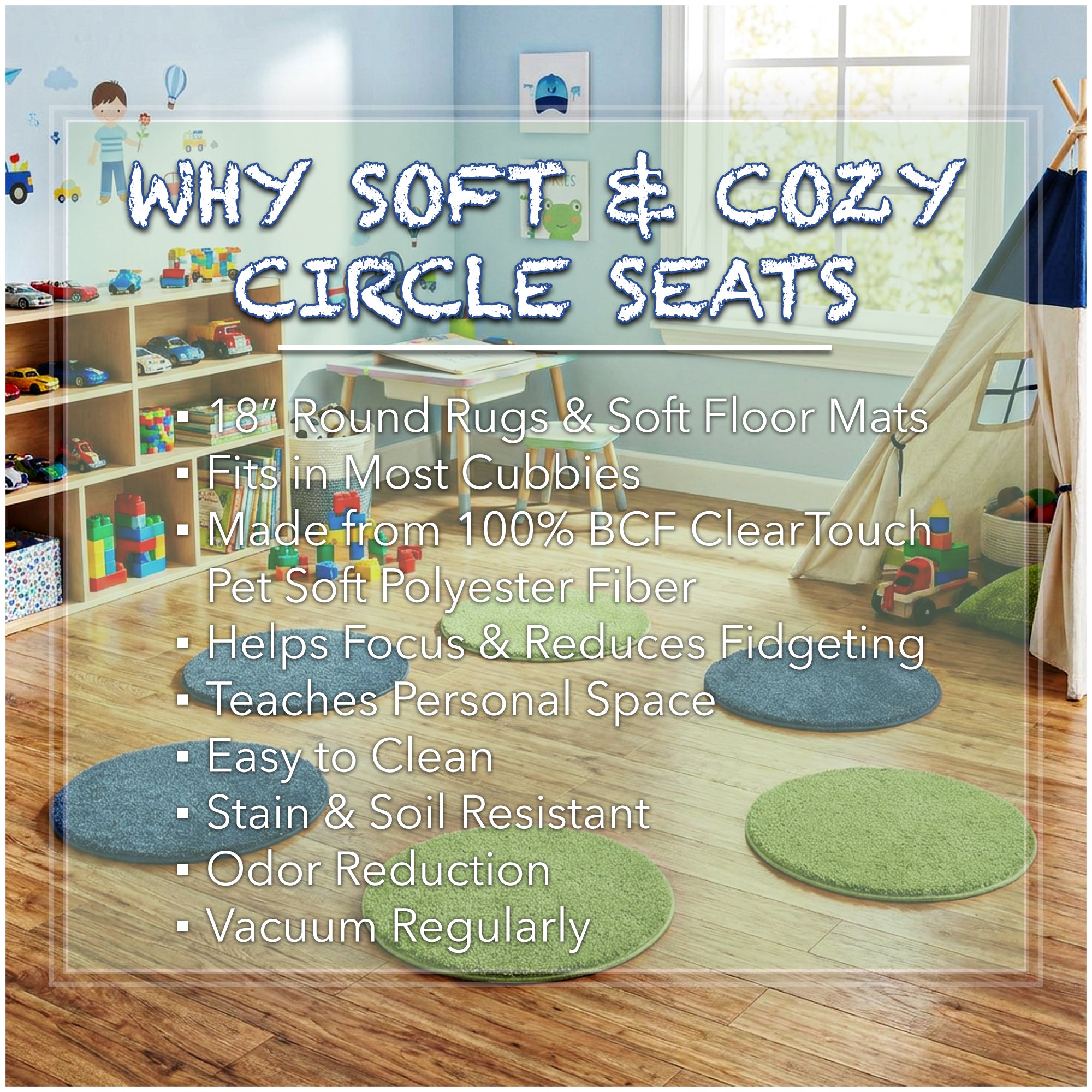 Children’s Classroom Carpet Circle Seats – Lime & Vibe Blue | 18” Round Soft Floor Cushions
