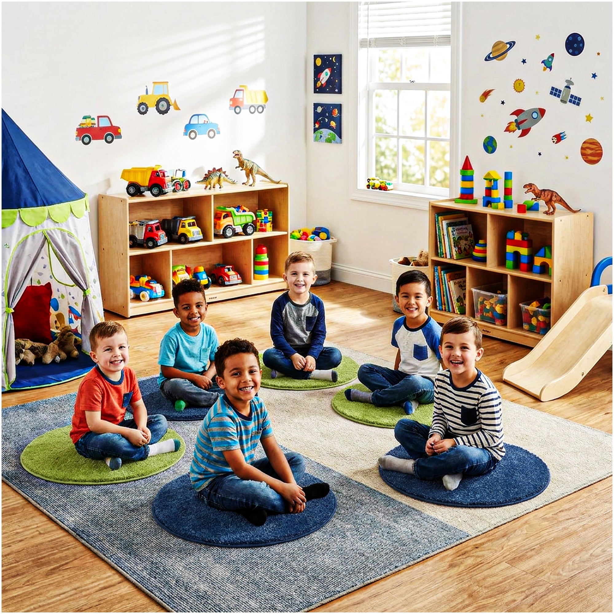 Children’s Classroom Carpet Circle Seats – Lime & Vibe Blue | 18” Round Soft Floor Cushions