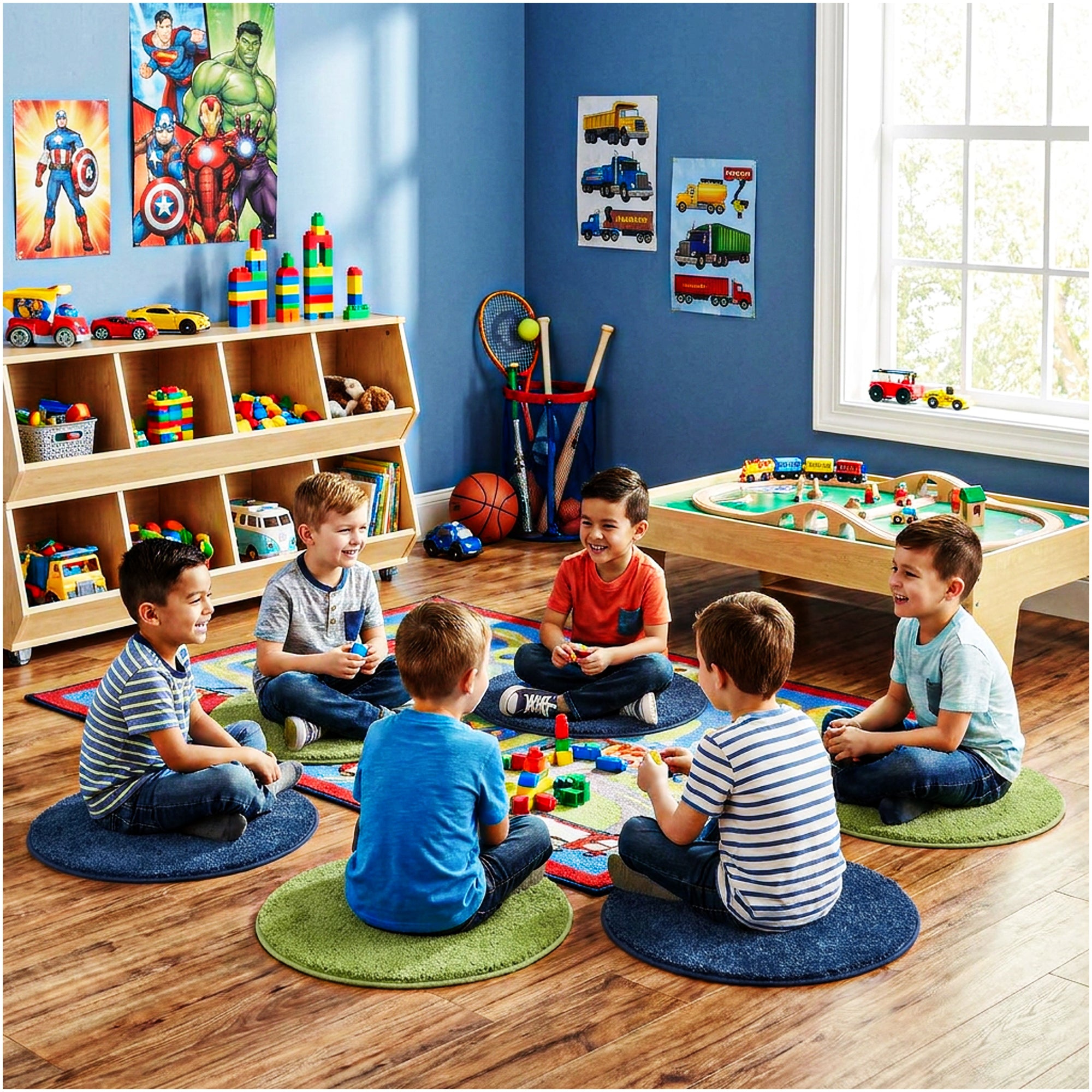 Children’s Classroom Carpet Circle Seats – Lime & Vibe Blue | 18” Round Soft Floor Cushions