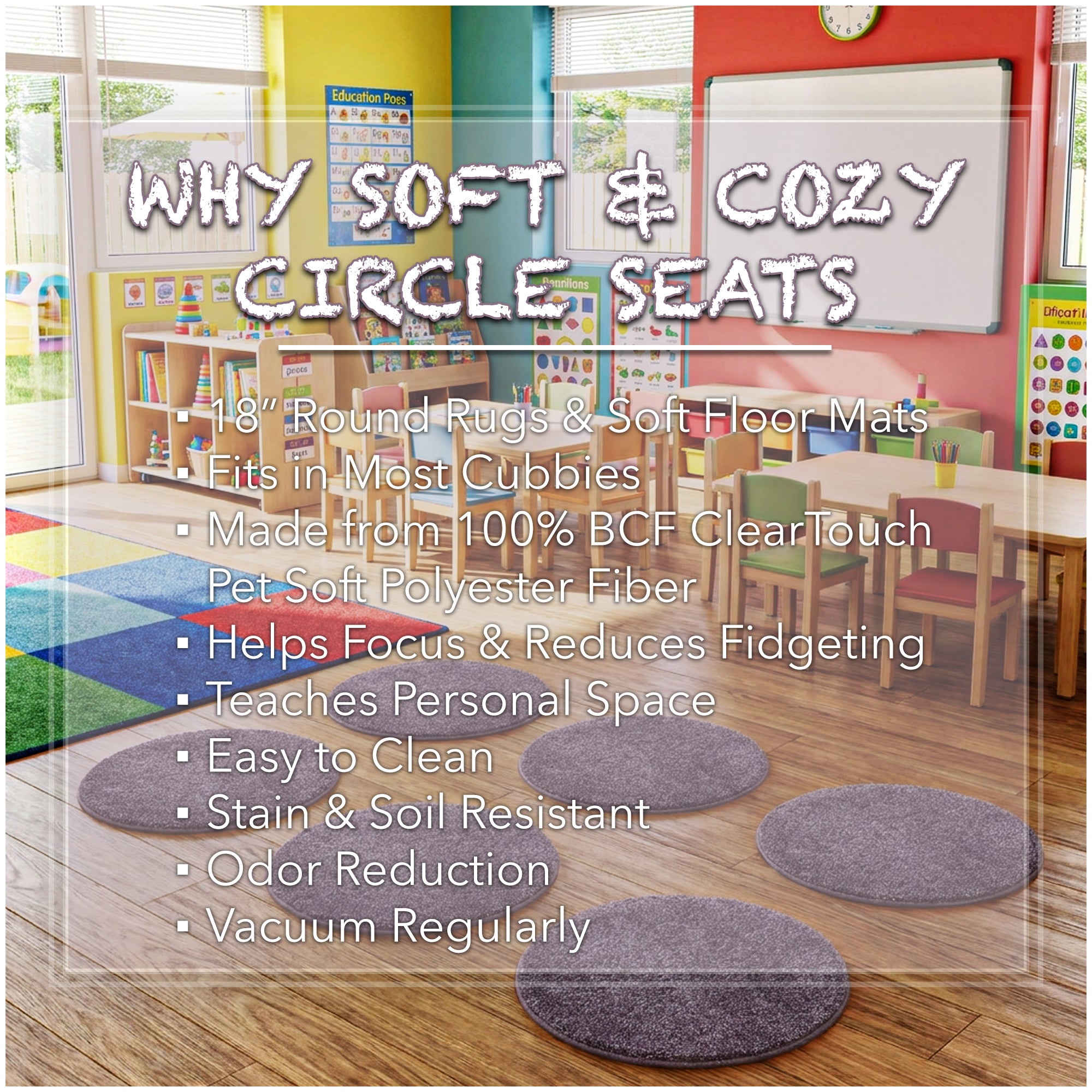 Children’s Classroom Carpet Circle Seats – Multiple Colors | 18” Round Soft Floor Cushions