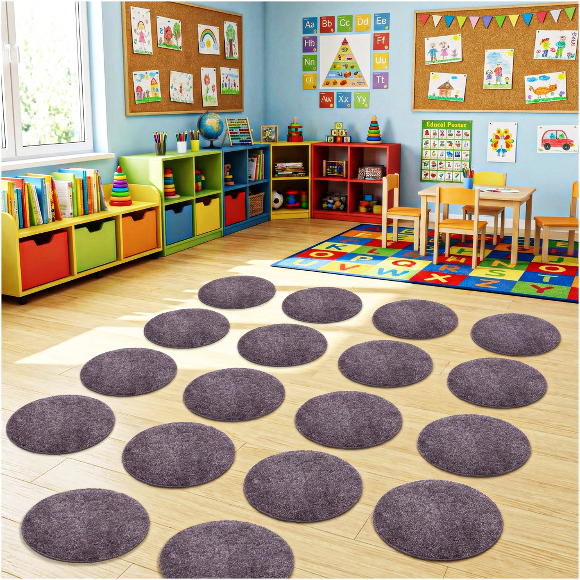 Children’s Classroom Carpet Circle Seats – Multiple Colors | 18” Round Soft Floor Cushions