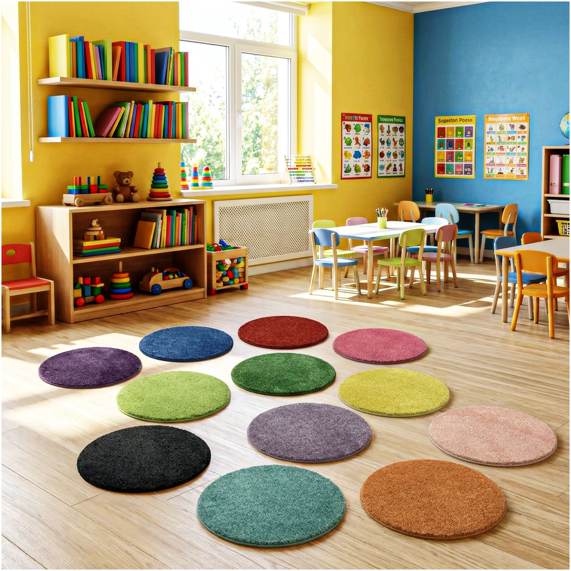 Children's Carpet Circle Seats – Rainbow Multi Set of 12, 18" Round Classroom Floor Cushions