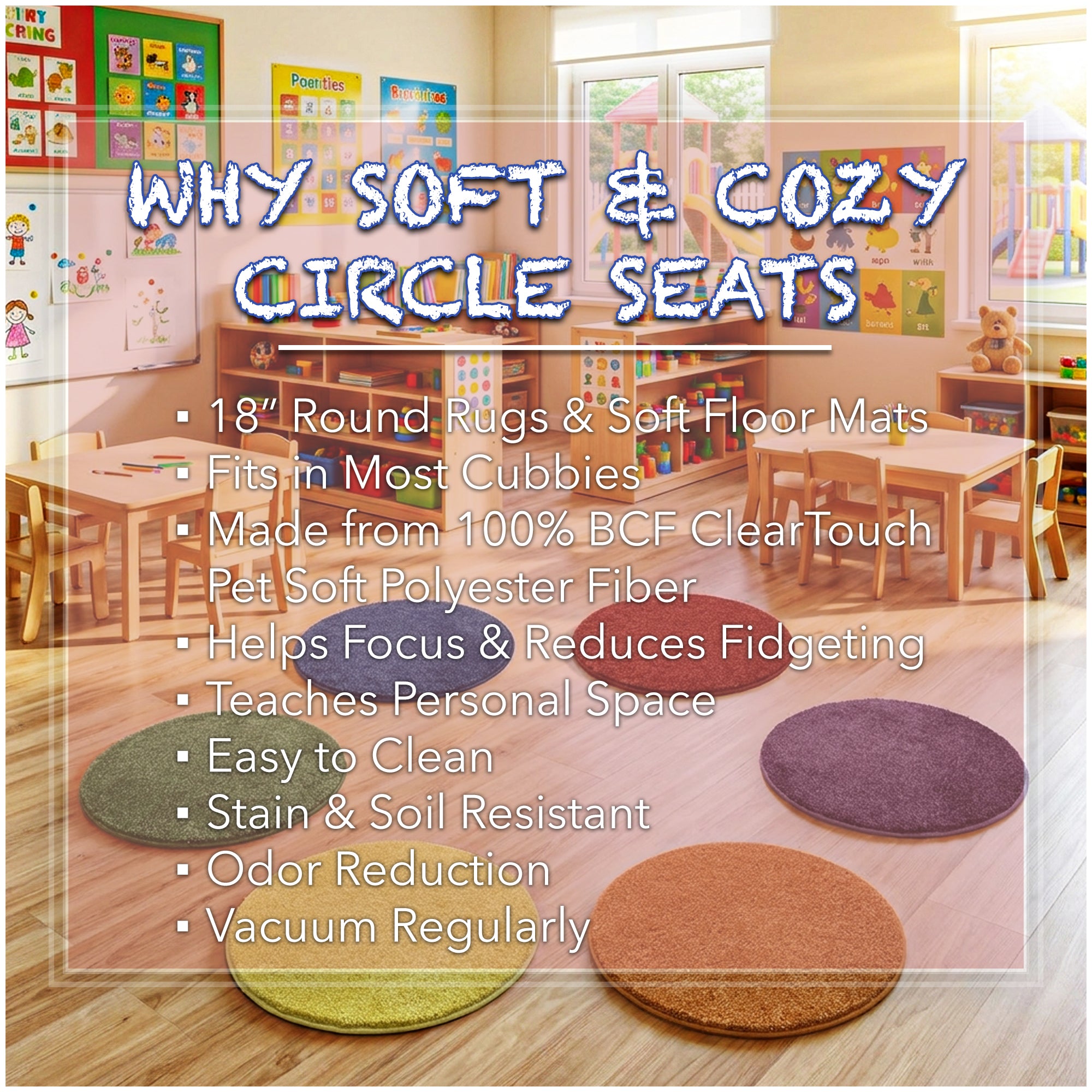 Children’s Carpet Circle Seats – Secondary Color Wheel, 18” Round Classroom Floor Cushions