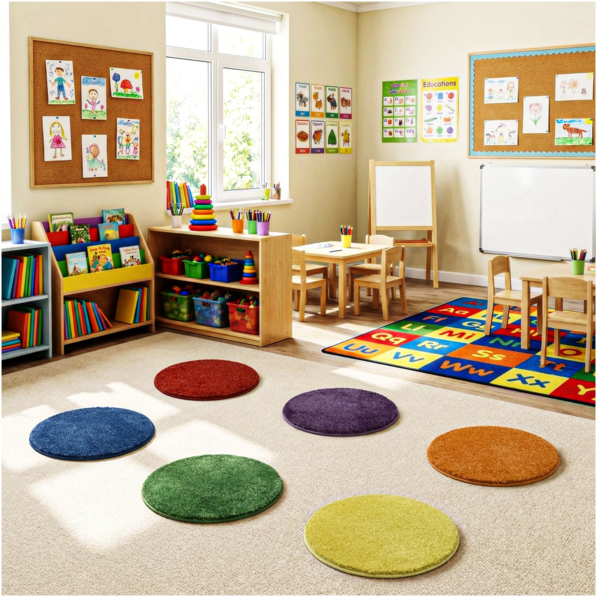 Children’s Carpet Circle Seats – Secondary Color Wheel, 18” Round Classroom Floor Cushions