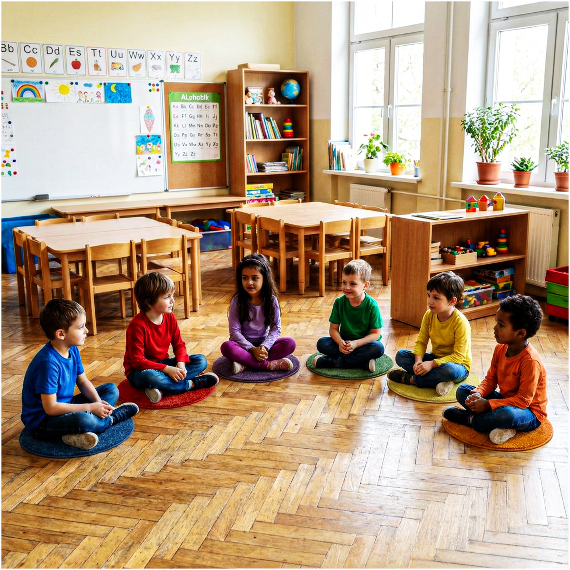 Children’s Carpet Circle Seats – Secondary Color Wheel, 18” Round Classroom Floor Cushions