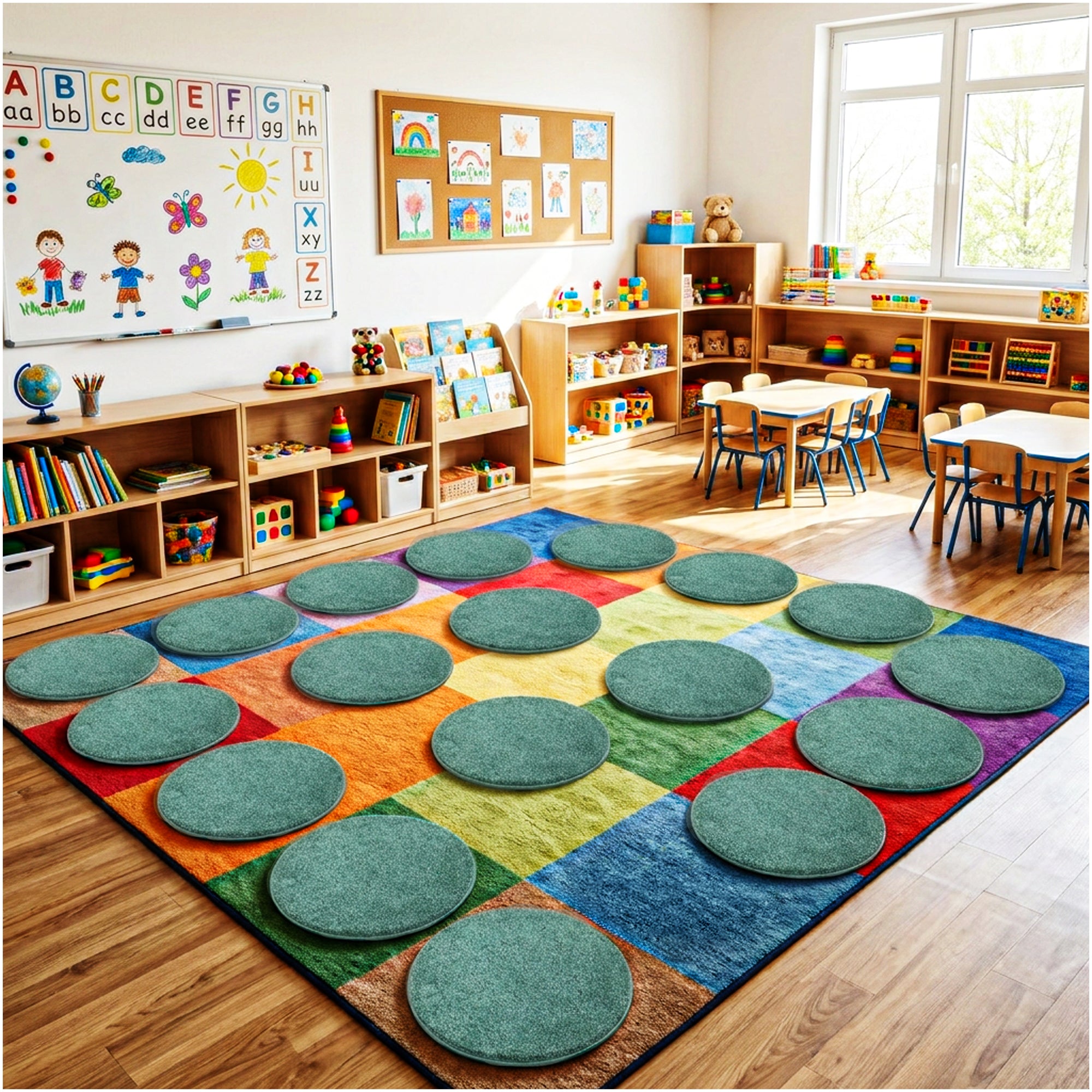 Children’s Classroom Carpet Circle Seats – Multiple Colors | 18” Round Soft Floor Cushions