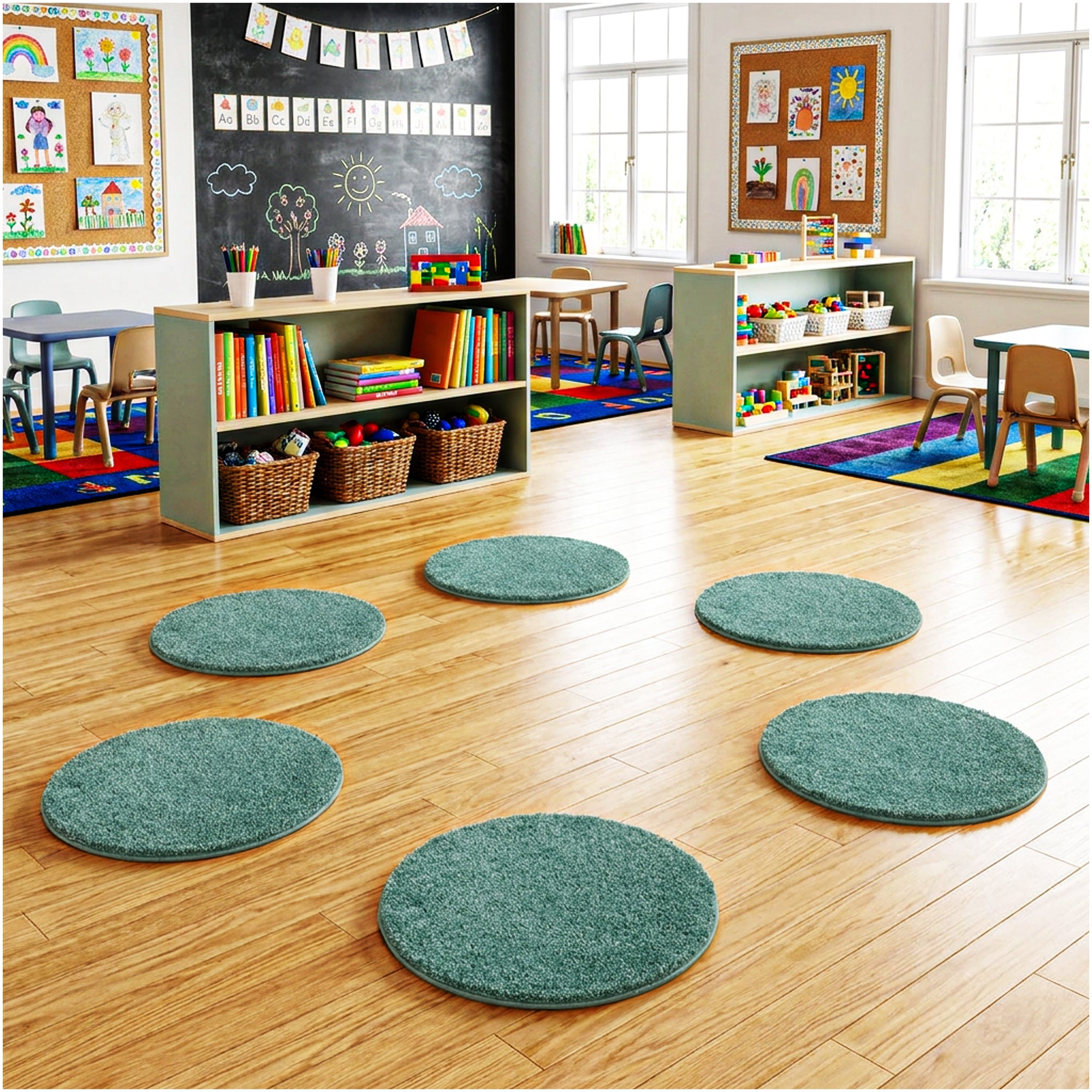 Children’s Classroom Carpet Circle Seats – Multiple Colors | 18” Round Soft Floor Cushions