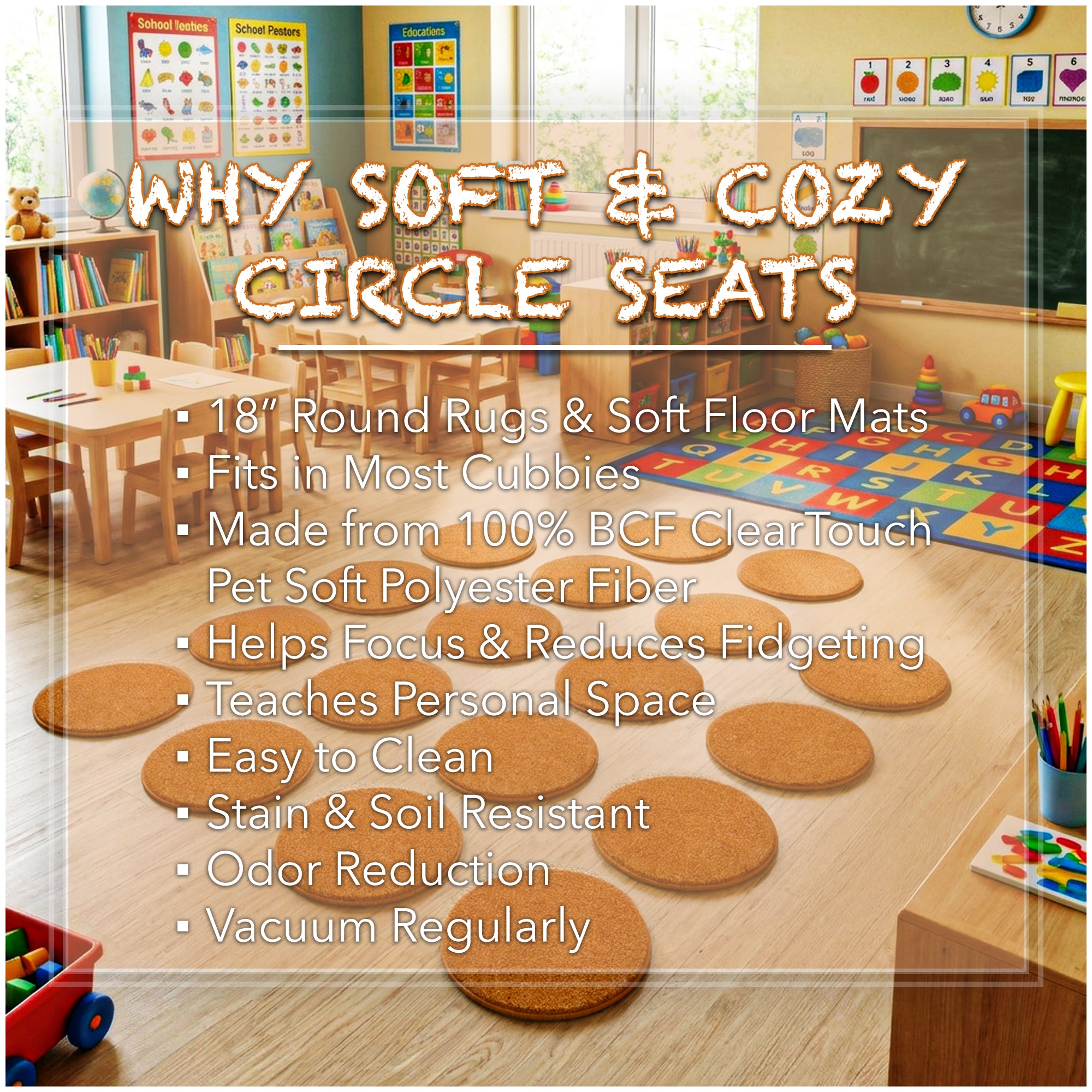 Children’s Classroom Carpet Circle Seats – Multiple Colors | 18” Round Soft Floor Cushions