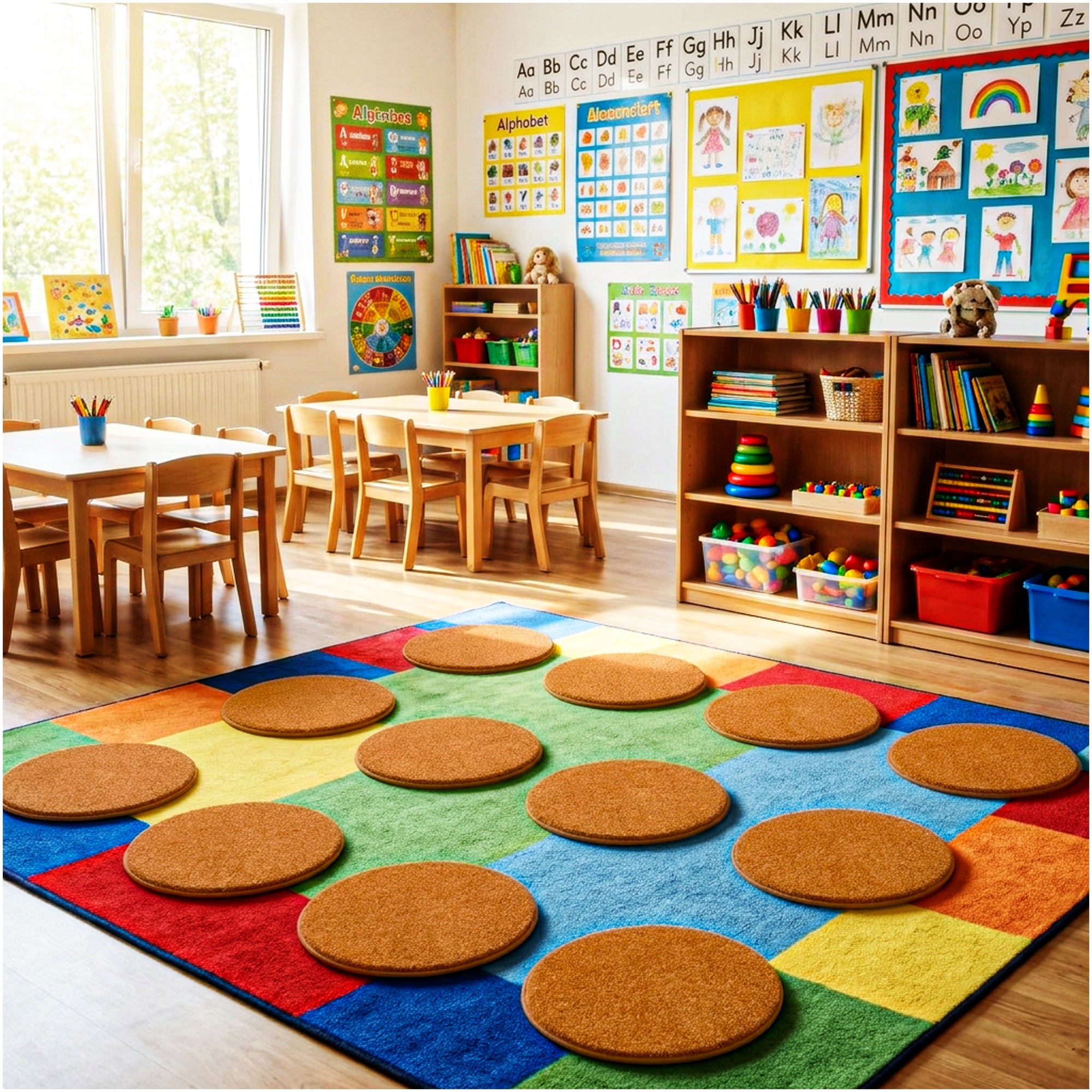 Children’s Classroom Carpet Circle Seats – Multiple Colors | 18” Round Soft Floor Cushions