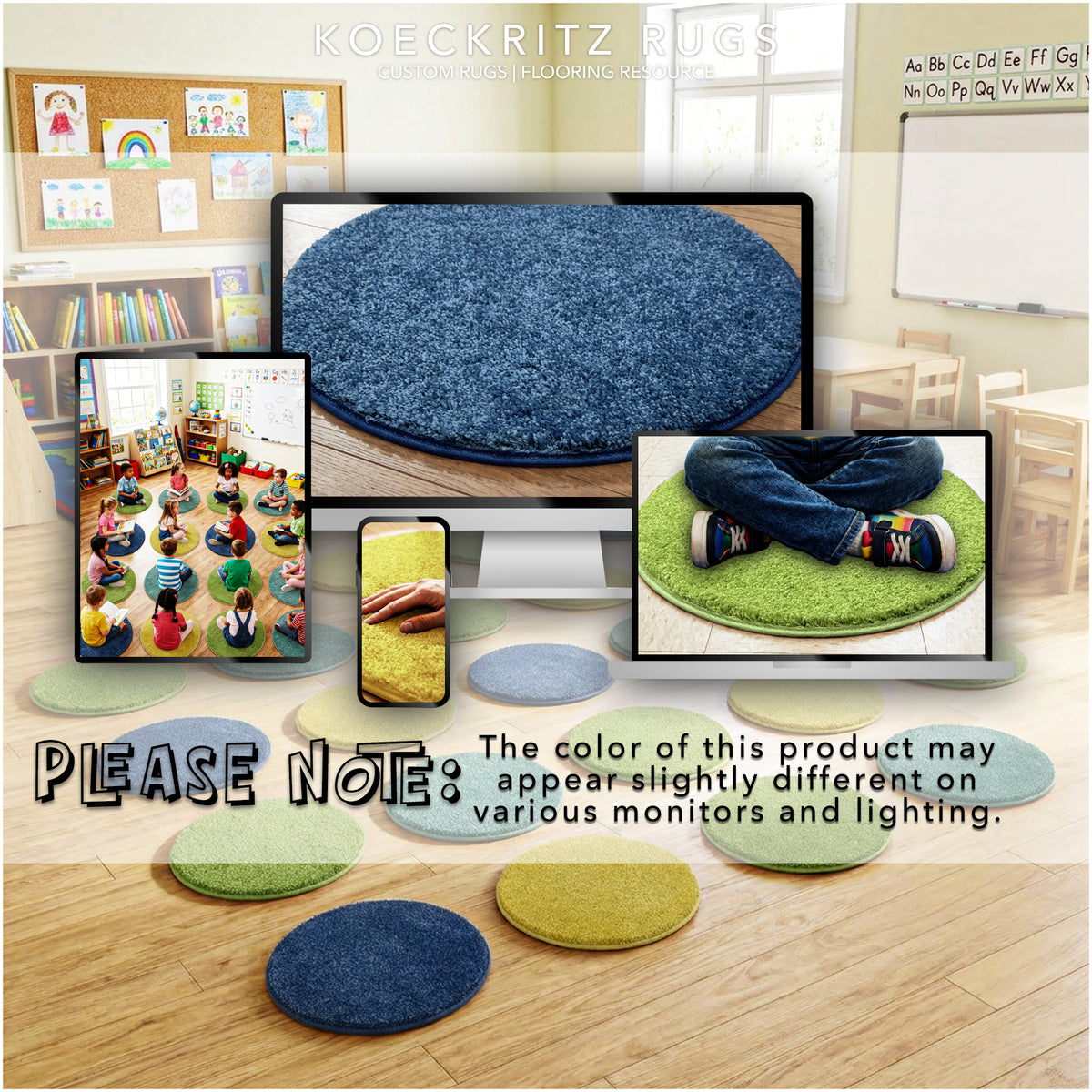 Children’s Carpet Circle Seats – Beach Day Collection Set of 20, 18” Round Soft Classroom Floor Cushions
