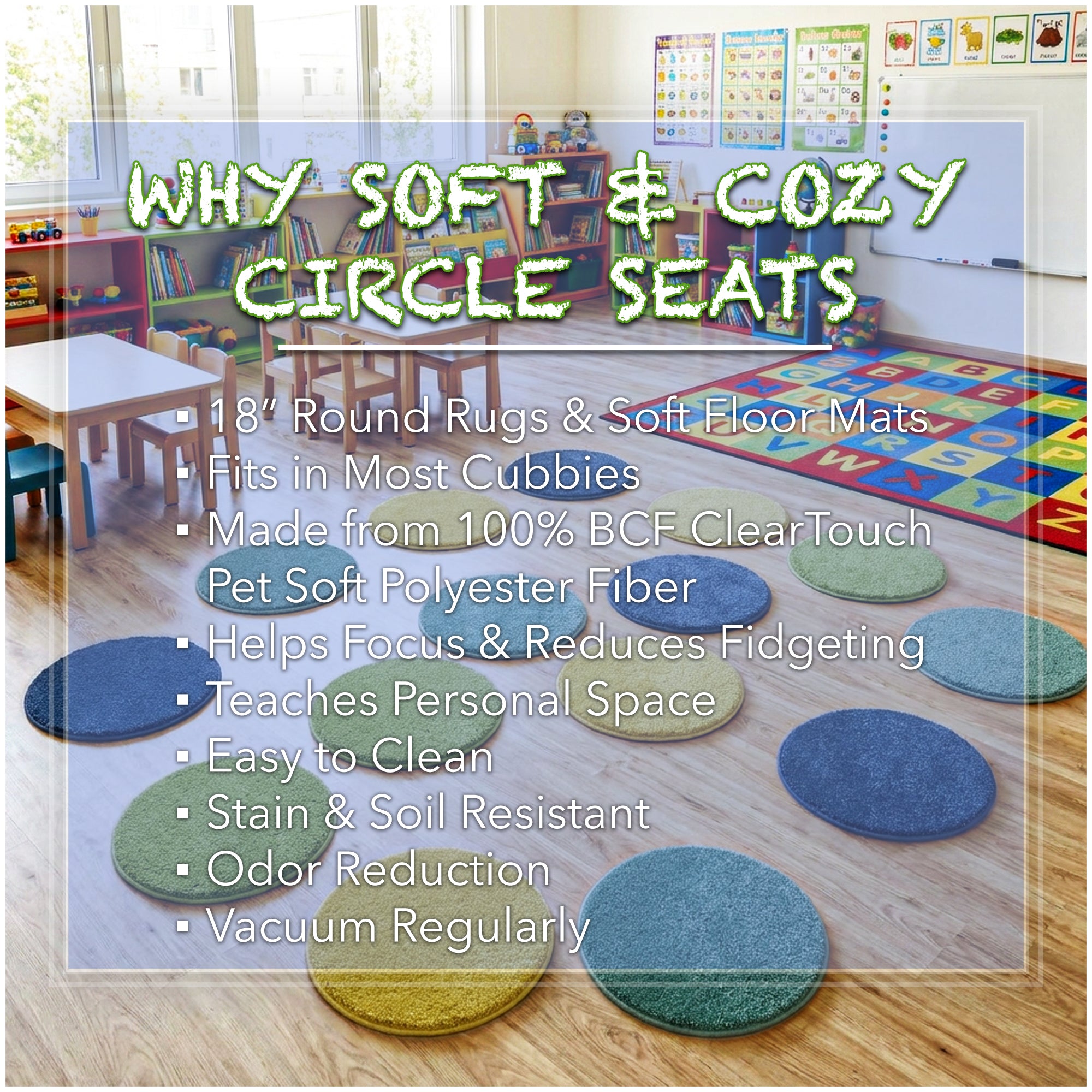 Children’s Carpet Circle Seats – Beach Day Collection Set of 20, 18” Round Soft Classroom Floor Cushions