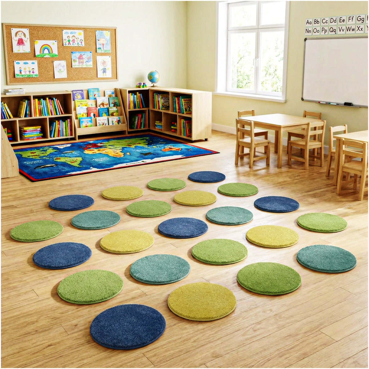 Children’s Carpet Circle Seats – Beach Day Collection Set of 20, 18” Round Soft Classroom Floor Cushions