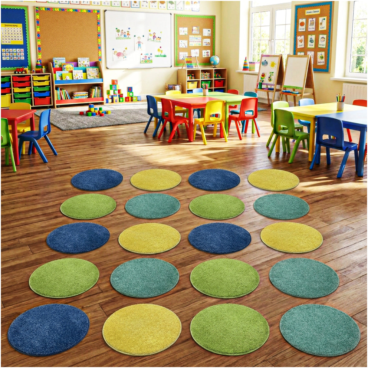 Children’s Carpet Circle Seats – Beach Day Collection Set of 20, 18” Round Soft Classroom Floor Cushions