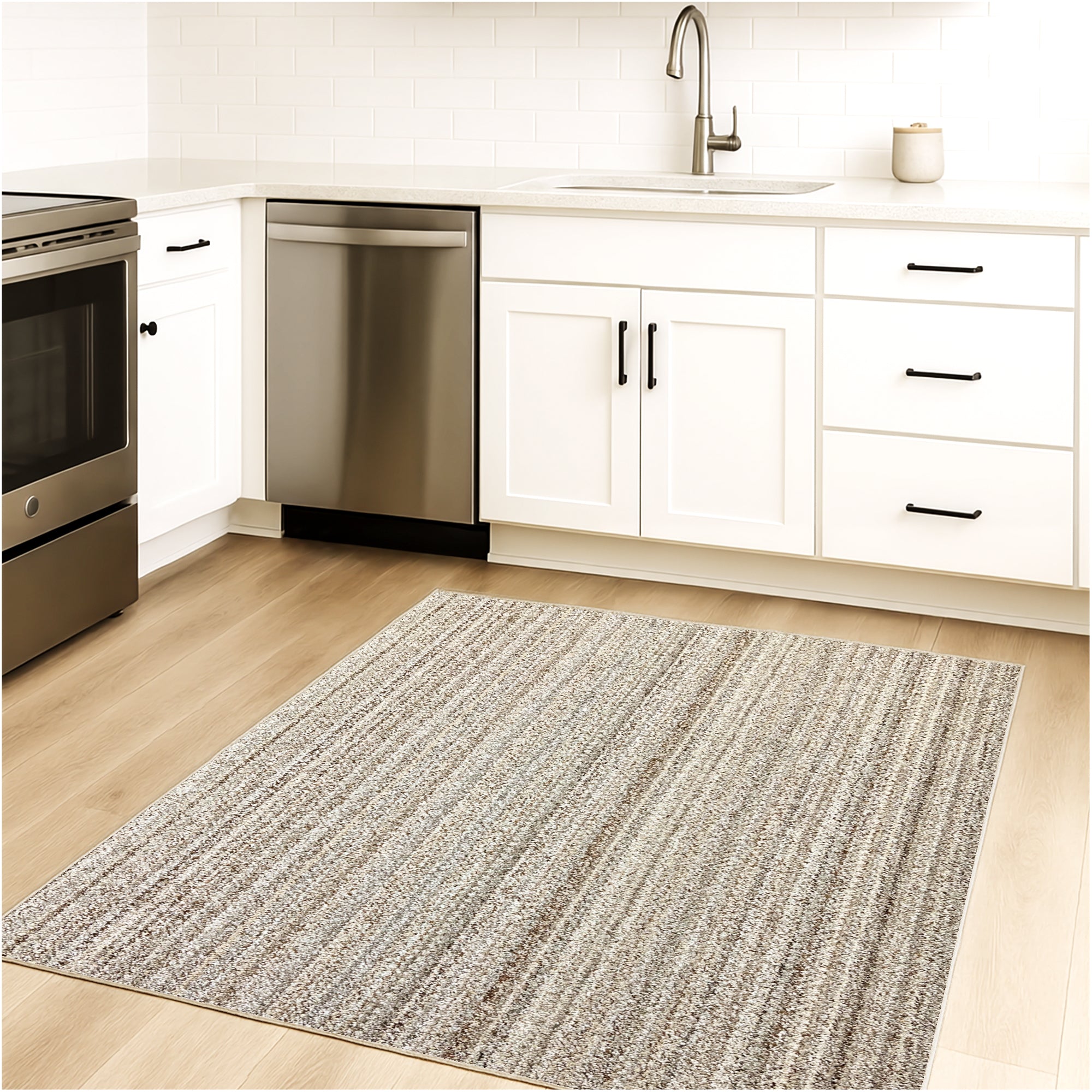 Boho Striped Beige Recycled Berber Loop Area Rug – Custom Size Indoor Carpet