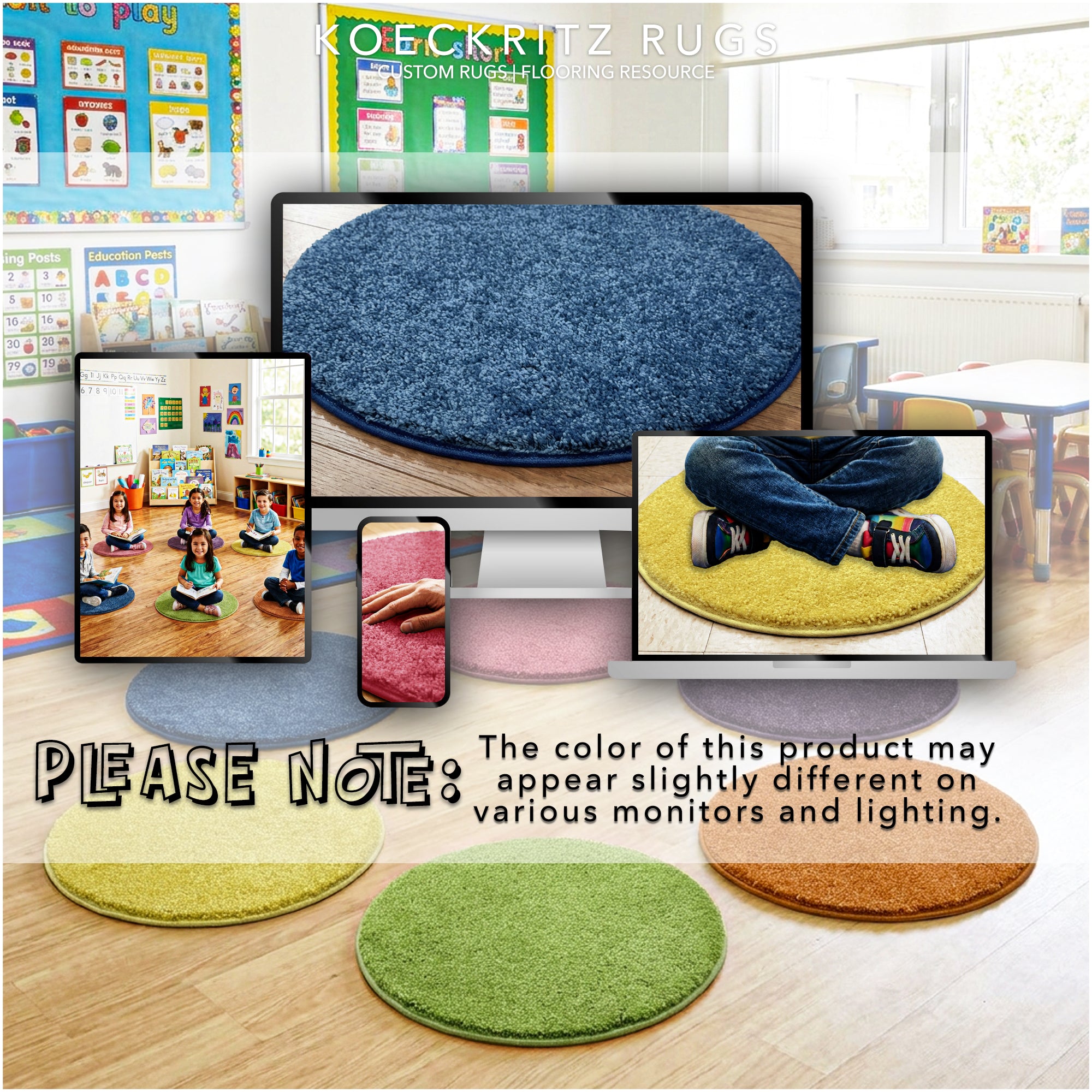 Children’s Carpet Circle Seats – Bright Multi, 18” Round Classroom Floor Cushions