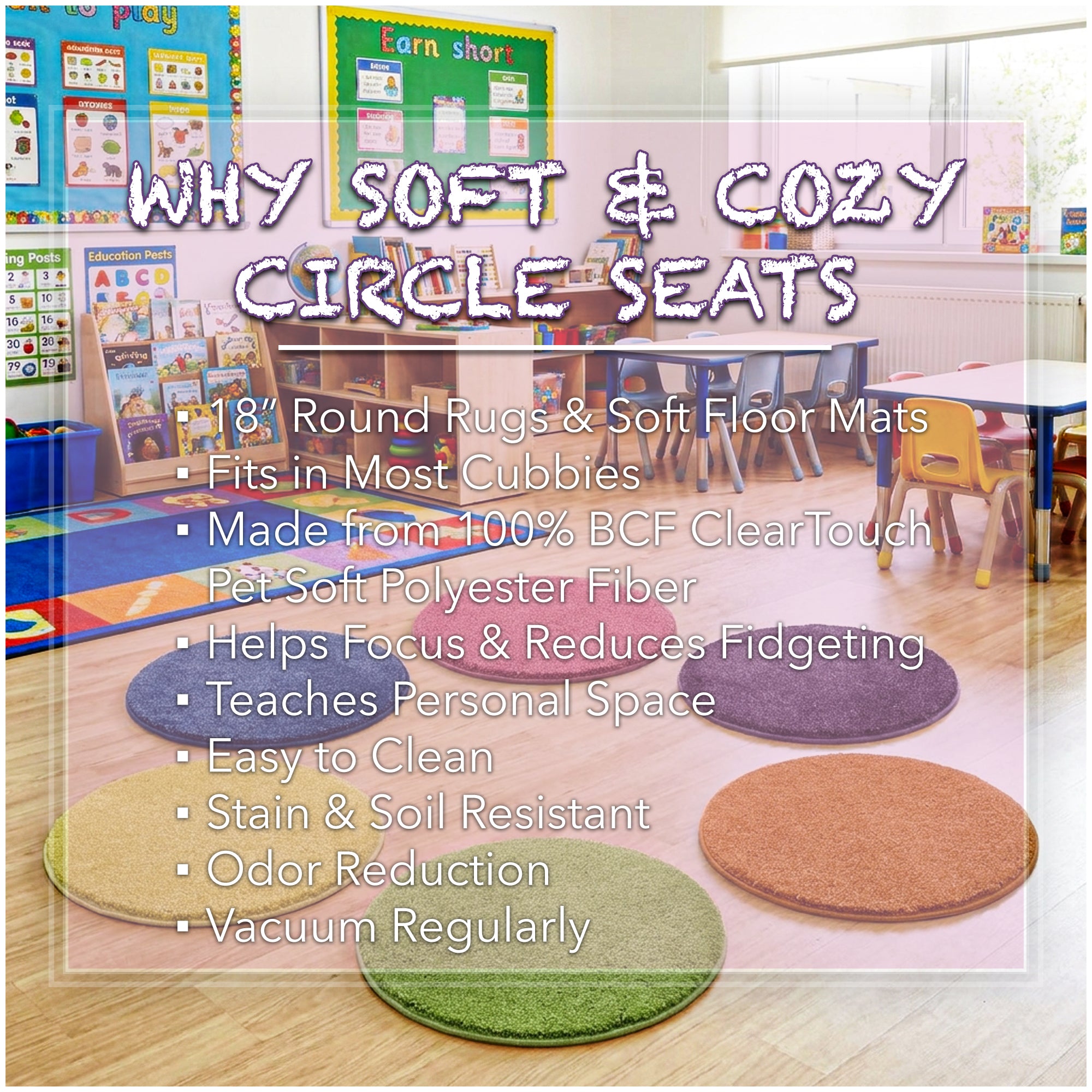 Children’s Carpet Circle Seats – Bright Multi, 18” Round Classroom Floor Cushions