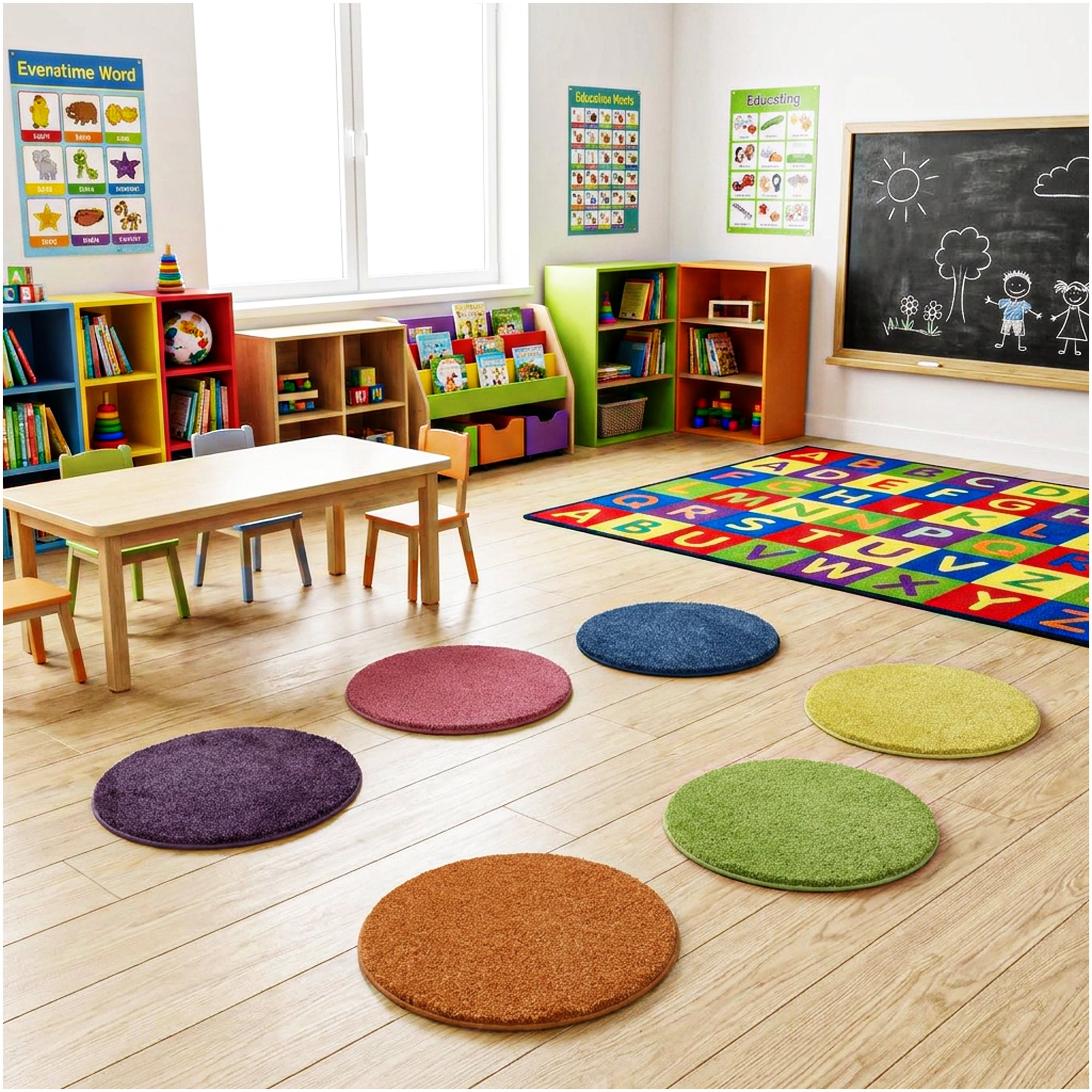 Children’s Carpet Circle Seats – Bright Multi, 18” Round Classroom Floor Cushions