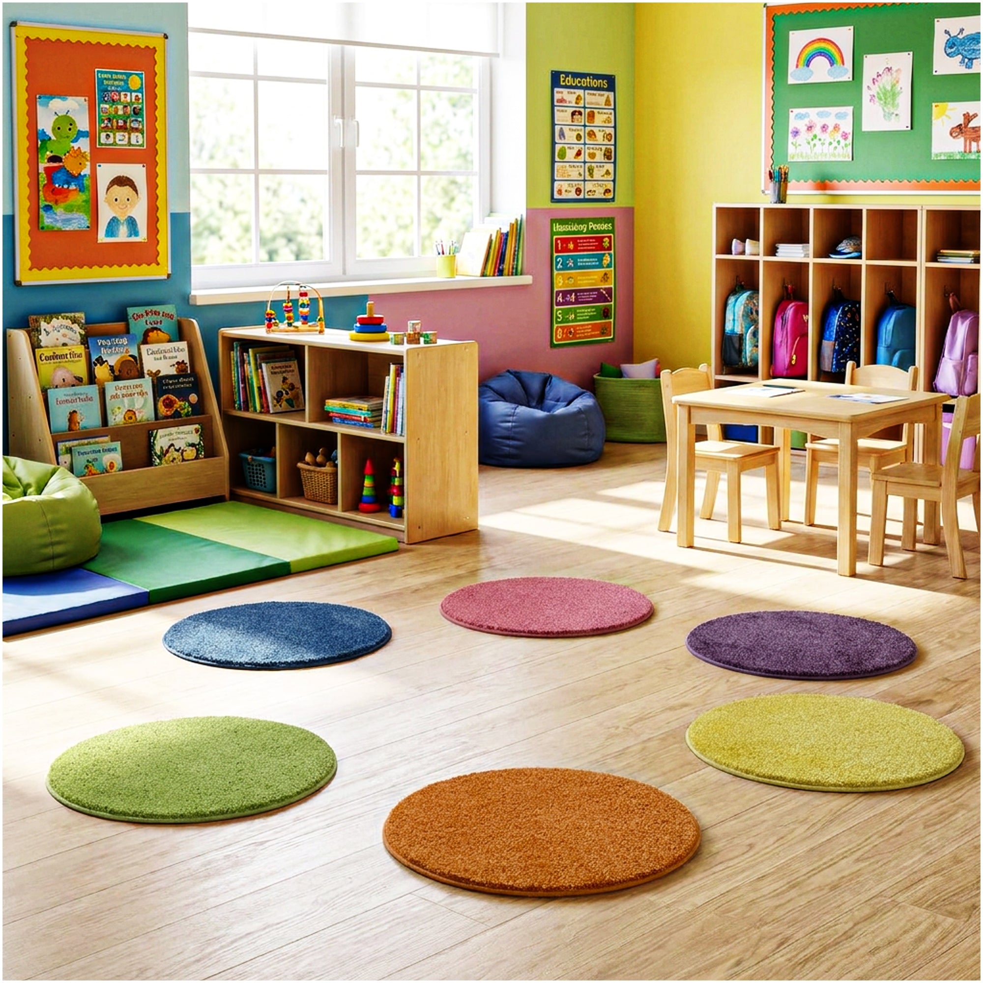 Children’s Carpet Circle Seats – Bright Multi, 18” Round Classroom Floor Cushions