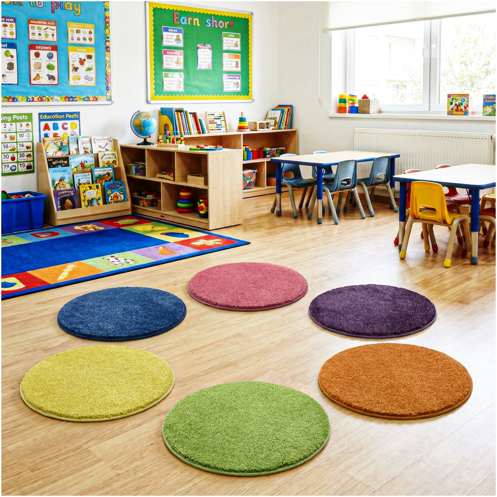 Children’s Carpet Circle Seats – Bright Multi, 18” Round Classroom Floor Cushions
