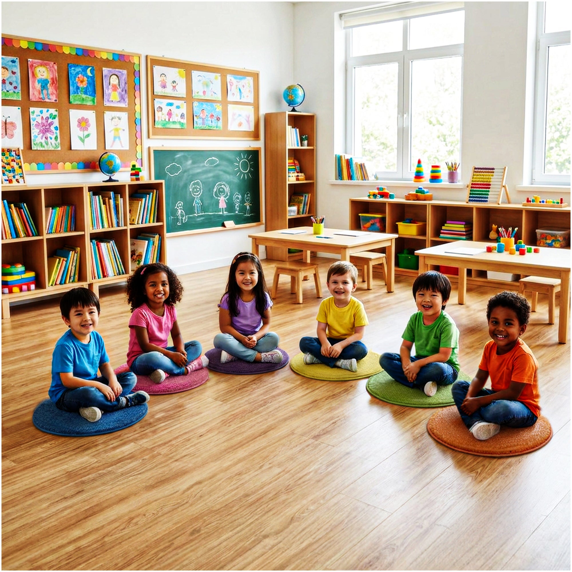 Children’s Carpet Circle Seats – Bright Multi, 18” Round Classroom Floor Cushions