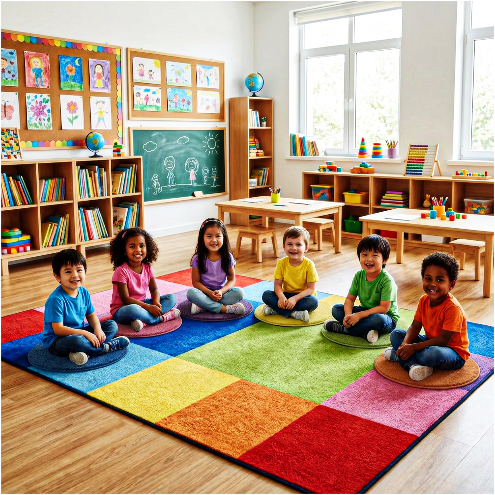 Children’s Carpet Circle Seats – Bright Multi, 18” Round Classroom Floor Cushions