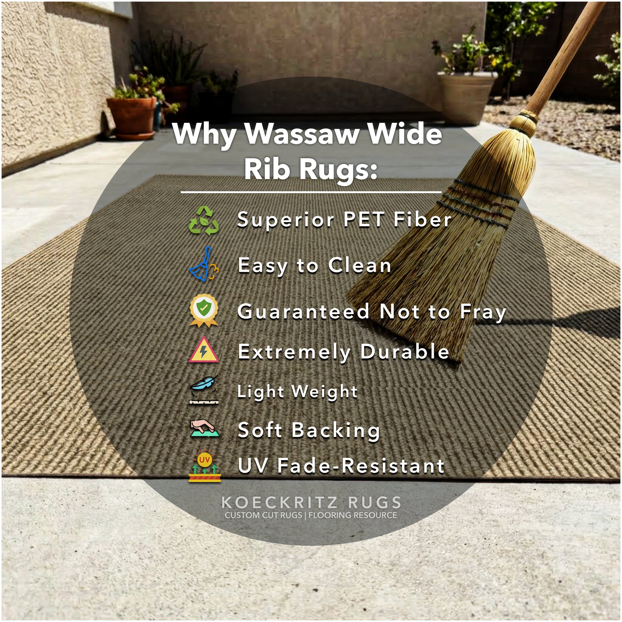 Wassaw Ribbed Indoor/Outdoor Area Rug – Lightweight PET Fiber, 6 Colors