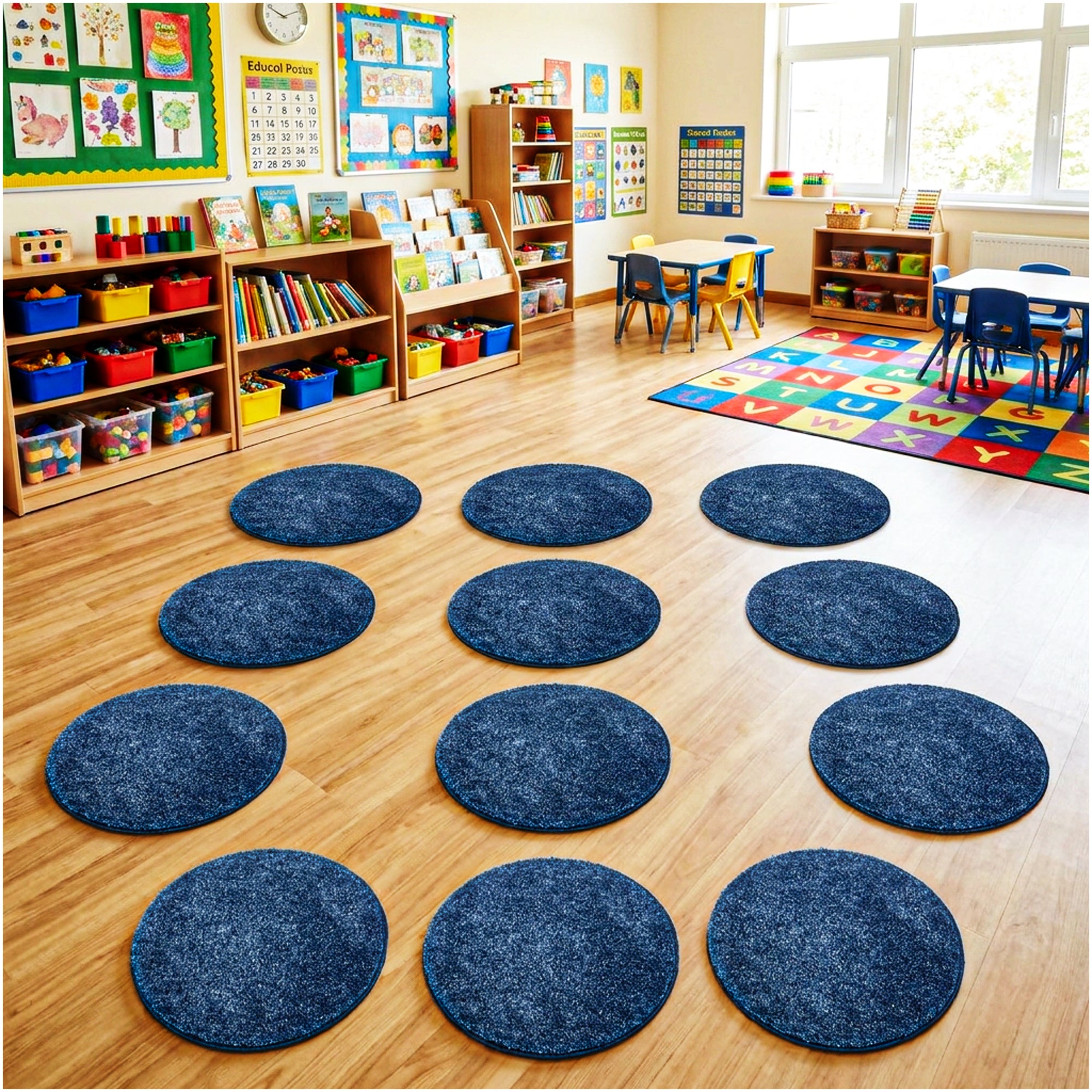 Children’s Classroom Carpet Circle Seats – Multiple Colors | 18” Round Soft Floor Cushions