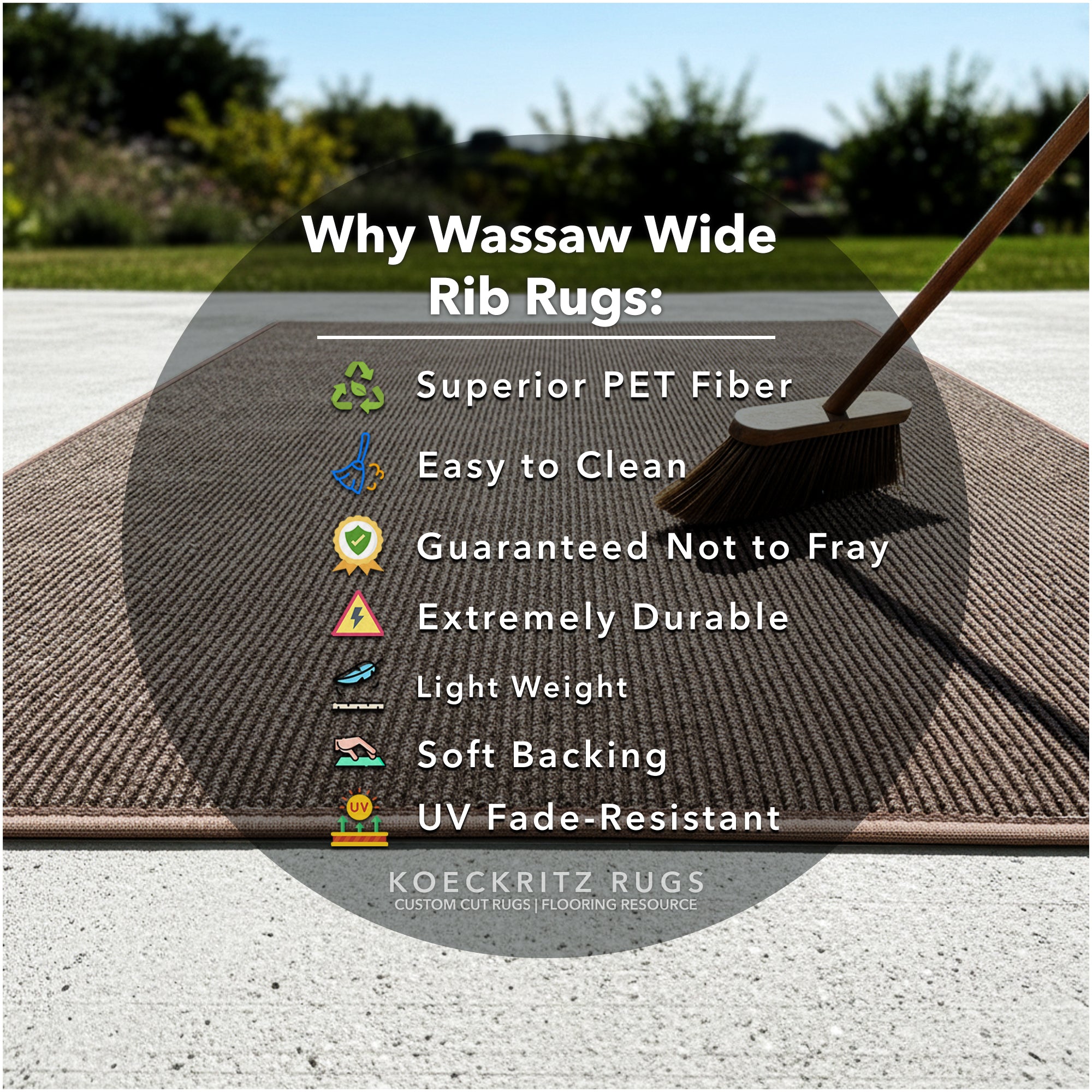 Wassaw Ribbed Indoor/Outdoor Area Rug – Lightweight PET Fiber, 6 Colors