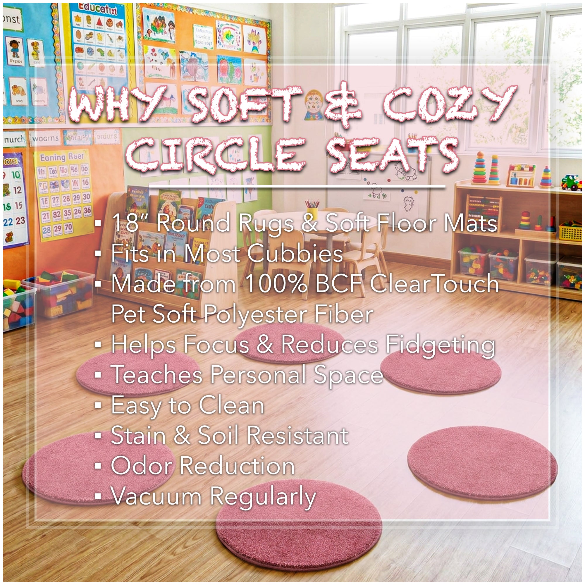 Children’s Classroom Carpet Circle Seats – Multiple Colors | 18” Round Soft Floor Cushions