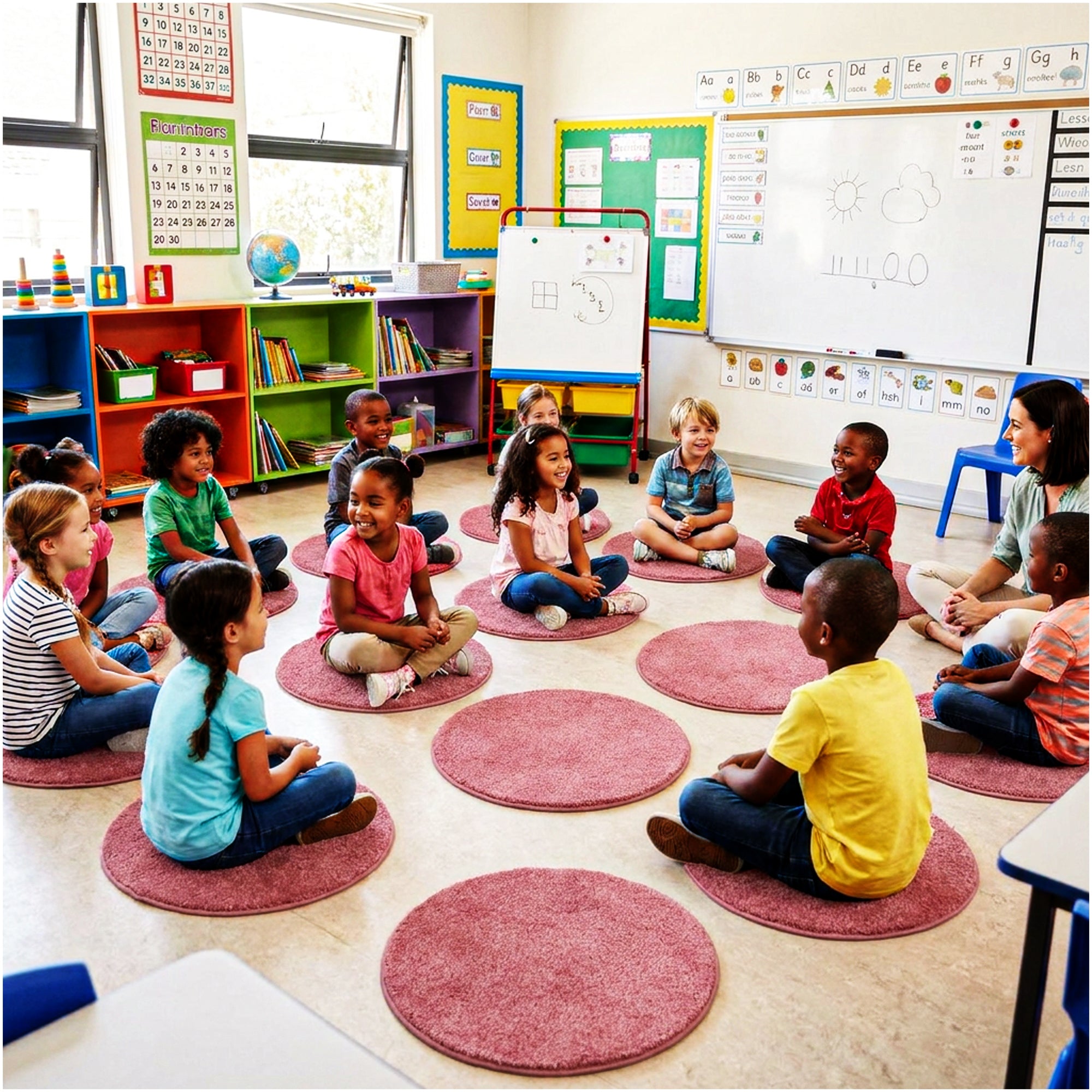 Children’s Classroom Carpet Circle Seats – Multiple Colors | 18” Round Soft Floor Cushions