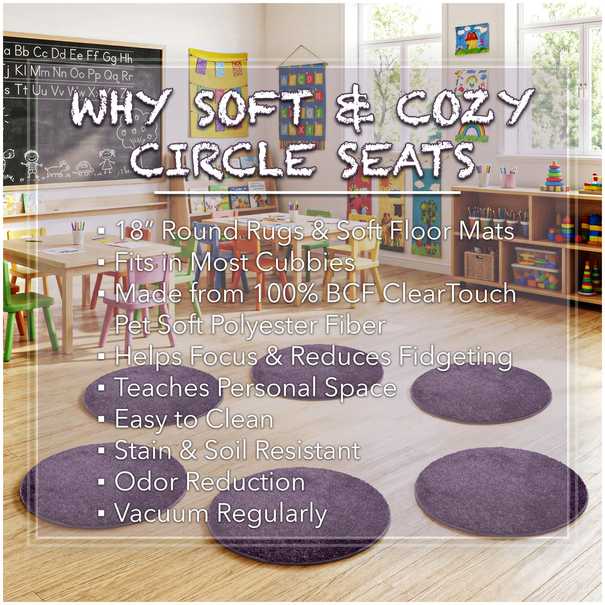 Children’s Classroom Carpet Circle Seats – Multiple Colors | 18” Round Soft Floor Cushions