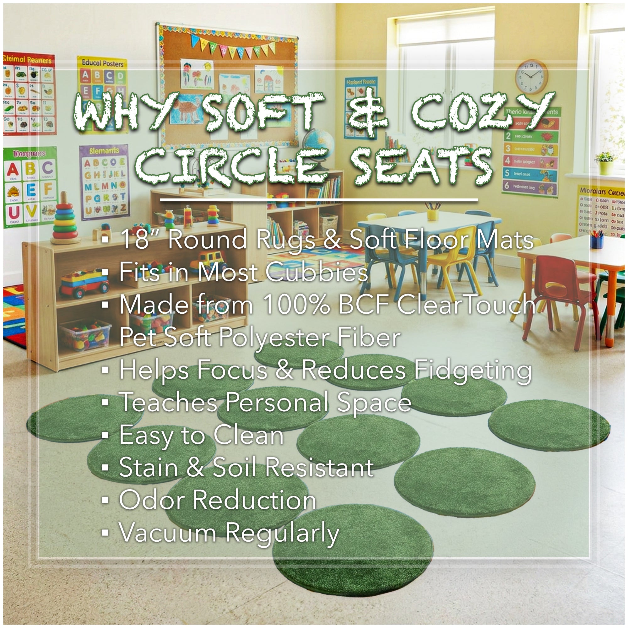 Children’s Classroom Carpet Circle Seats – Multiple Colors | 18” Round Soft Floor Cushions