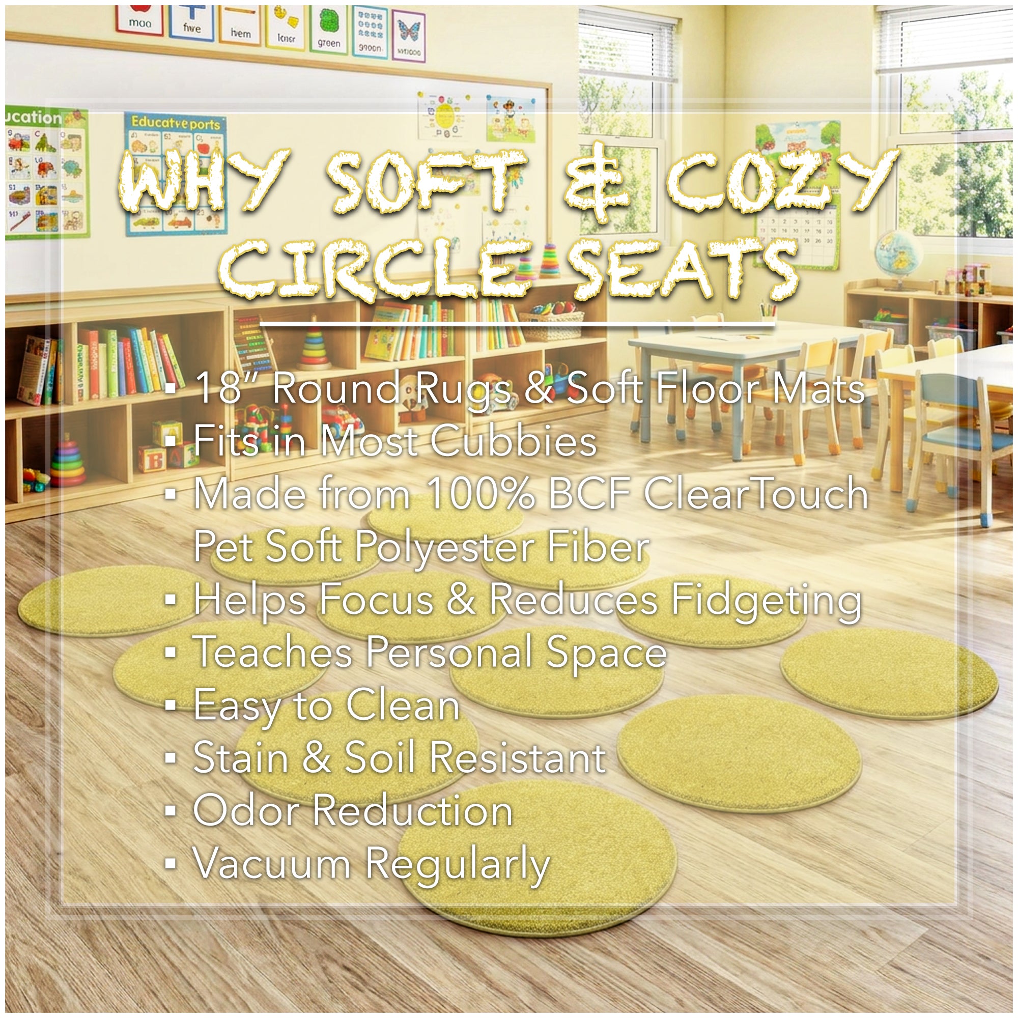Children’s Classroom Carpet Circle Seats – Multiple Colors | 18” Round Soft Floor Cushions