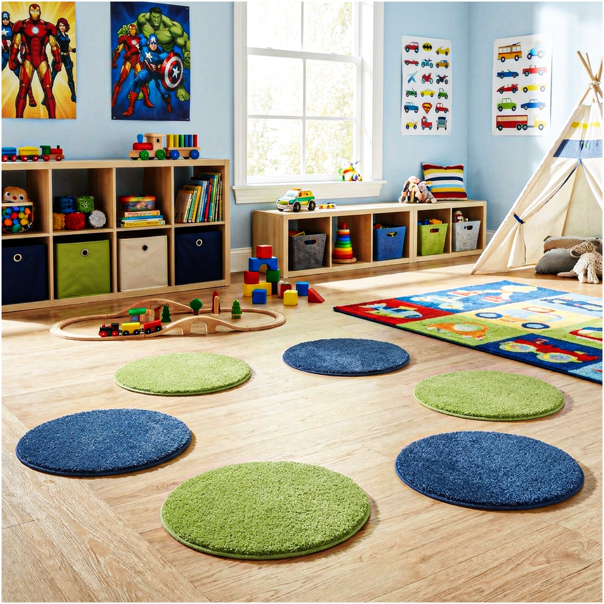 Children’s Classroom Carpet Circle Seats – Lime & Vibe Blue | 18” Round Soft Floor Cushions